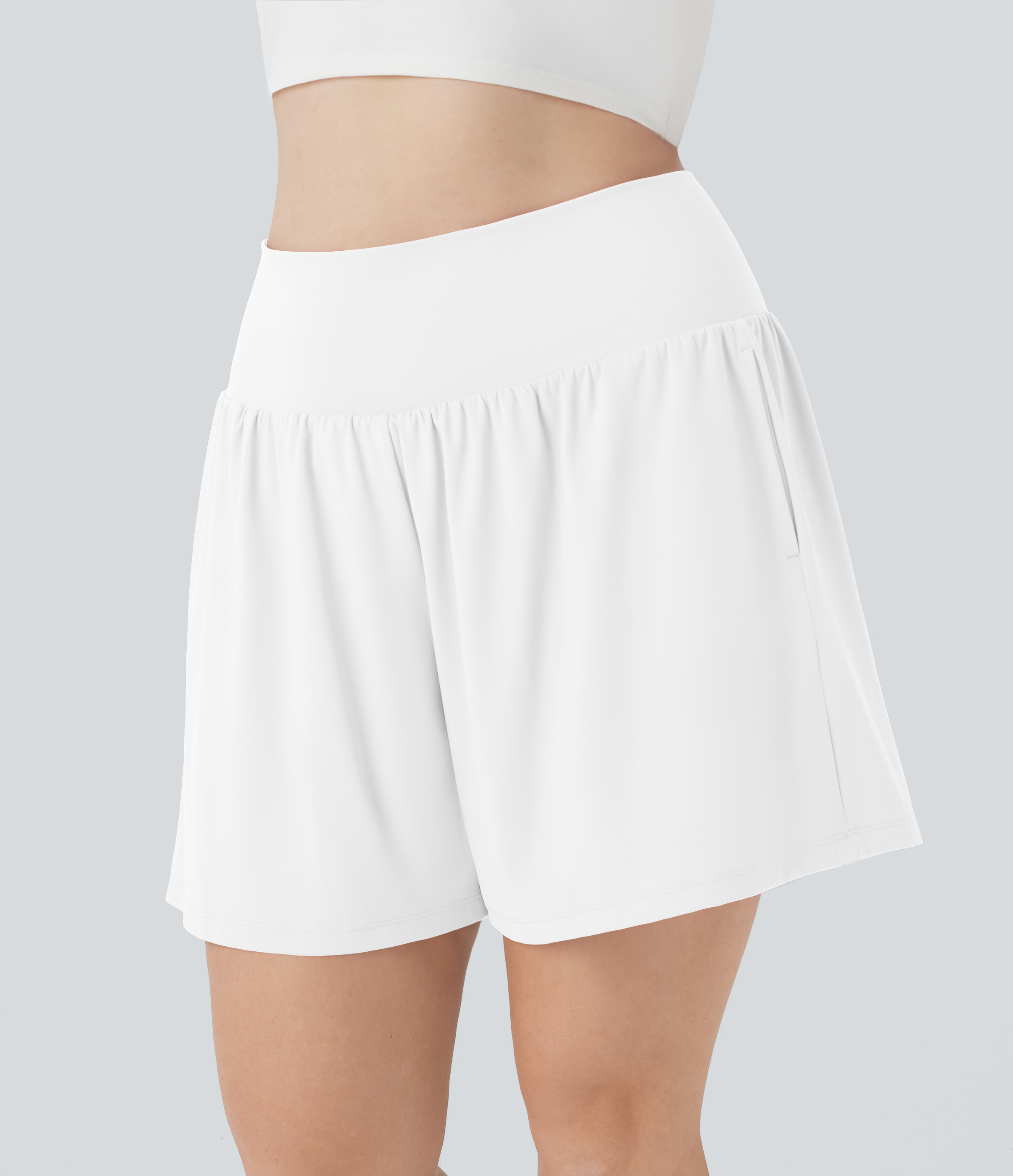 "SoftlyZero™ Airy Super High Waisted 2-in-1 Cool Touch Yoga Plus Size Shorts 7"" with Pockets Gym Short - White