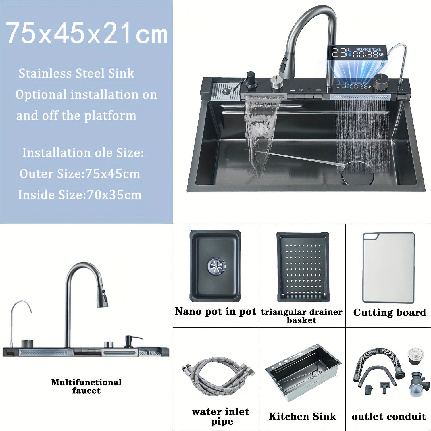 TEMU Waterfall Kitchen Sink, Single Bowl Kitchen Sinks, Waterfall Kitchen Faucet With Pull Down Sprayer, Nano Stainless Steel Sink With Multiple