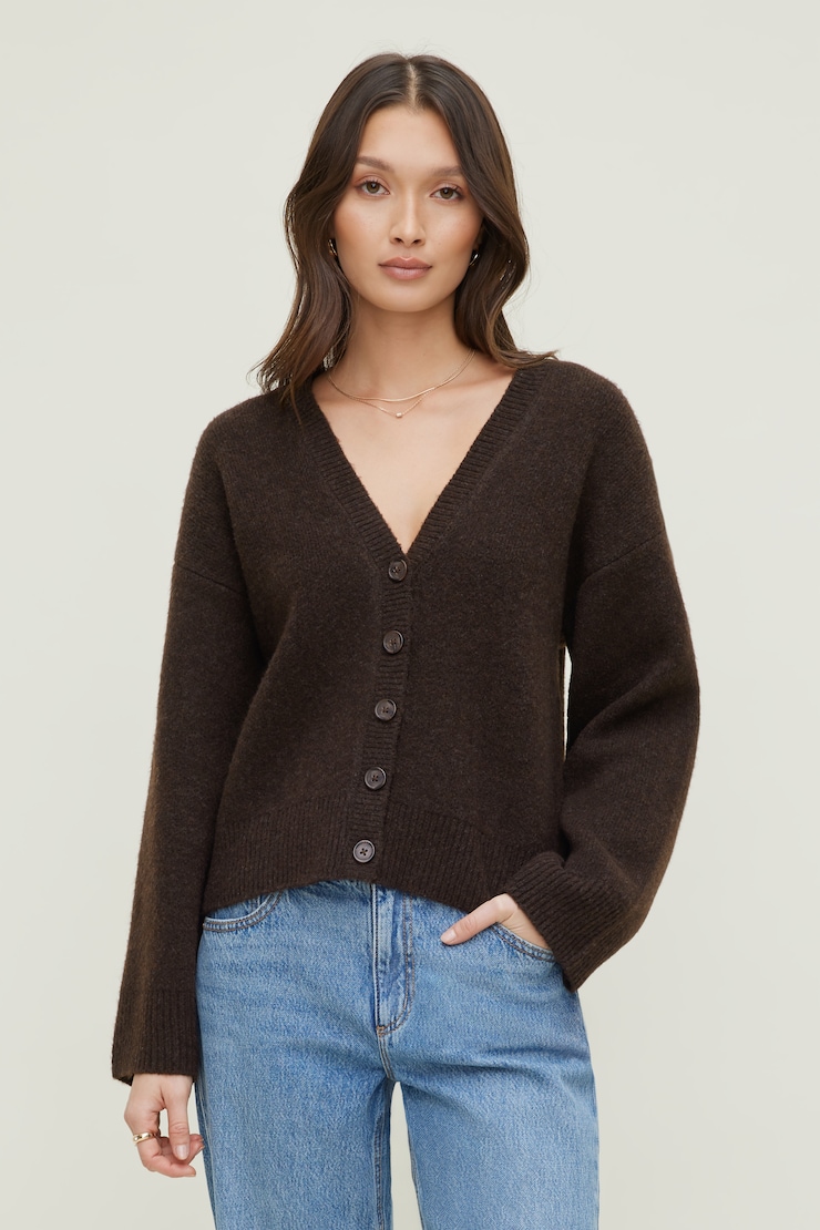 Relaxed V Neck Cardigan - Brown - Women Clothing
