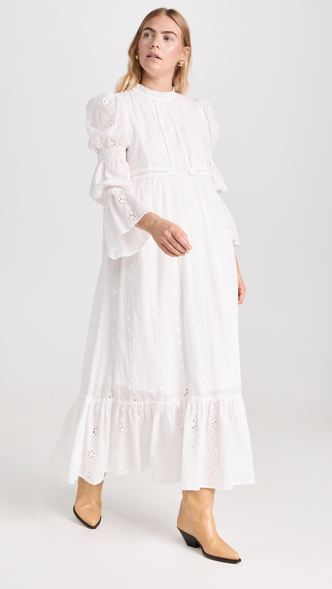Embroidered Swiss Dot Maxi Dress White 