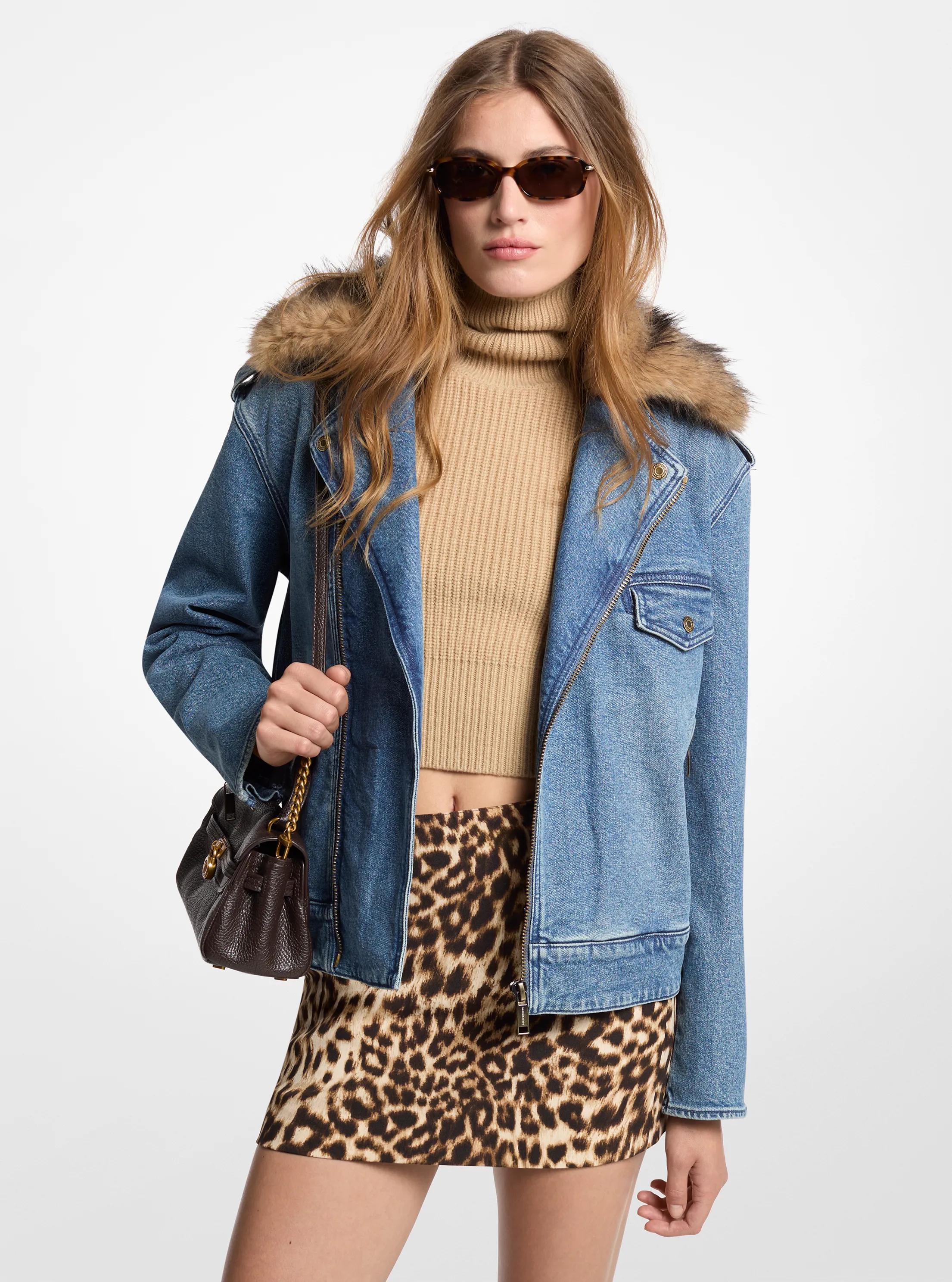 Michael Kors Faux Fur Trim Denim Moto Jacket in Blue - size XS by