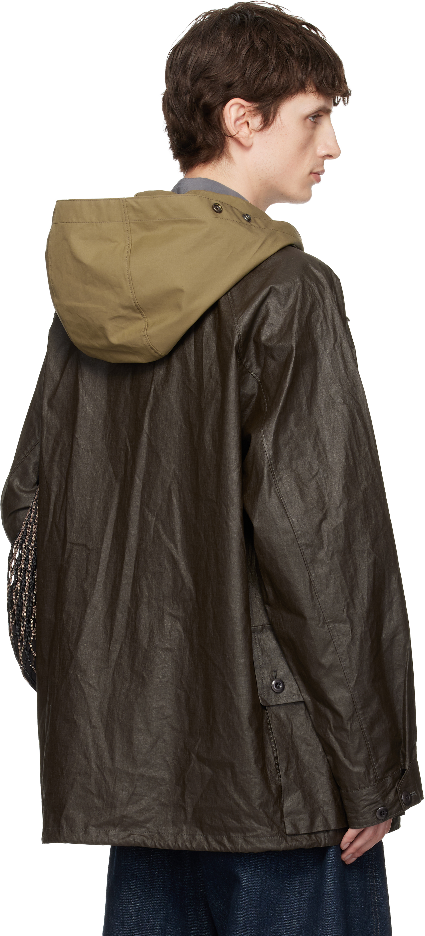 Brown Detachable Hood Coated Technical Linen Rain Jacket