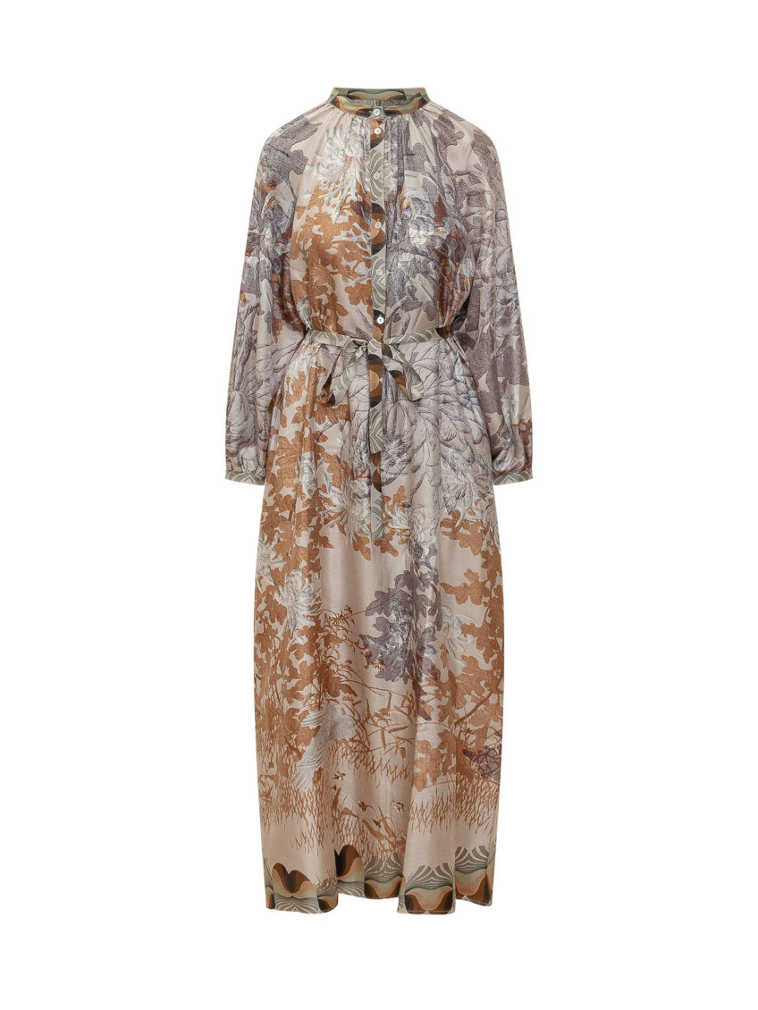 Beige Floral Mandarin Collar Maxi Dress