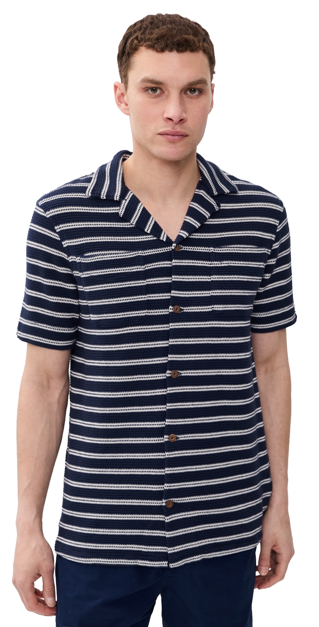 Short Sleeve Stripe Knit Collared Shirt Newport Navy/Pale Cream