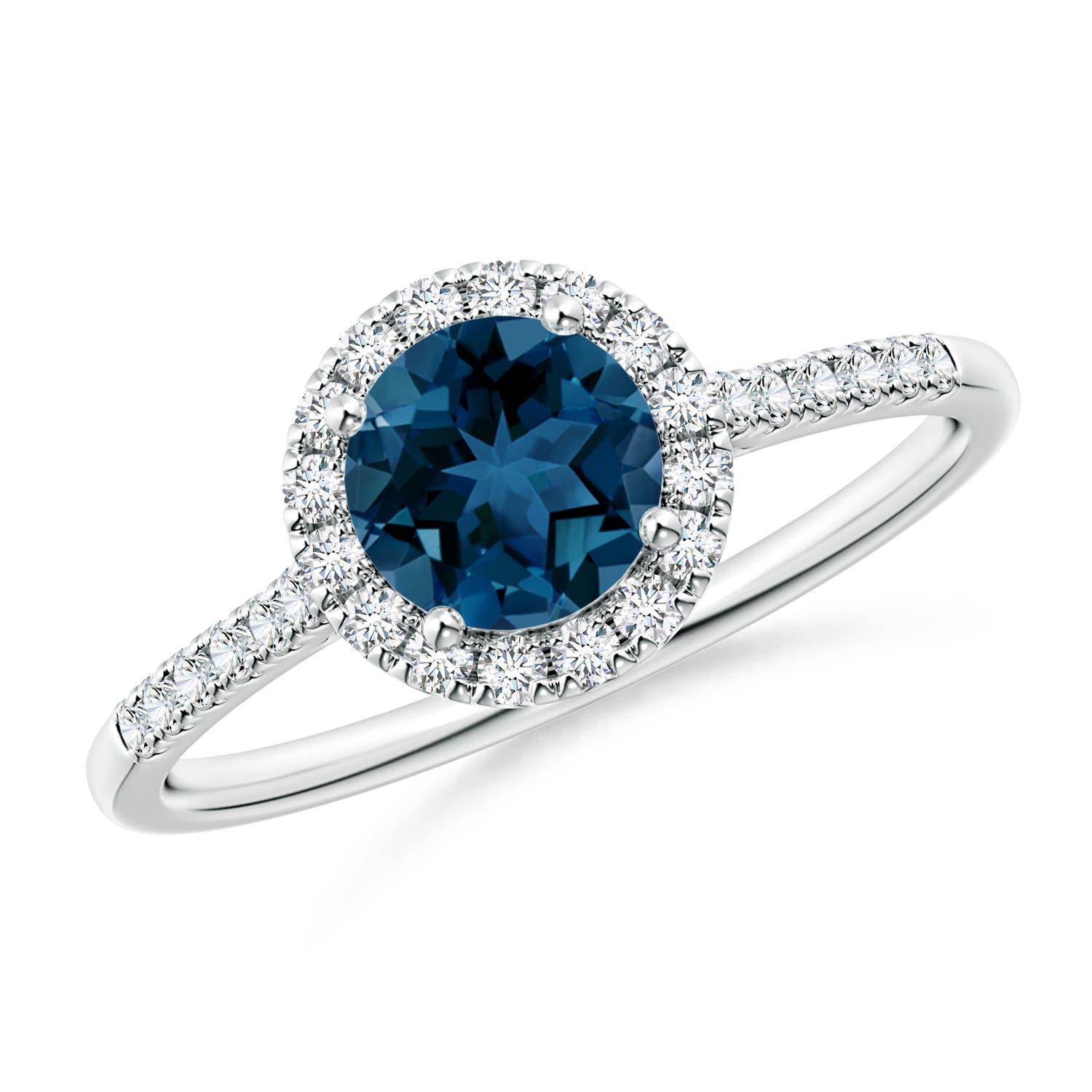 Angara 0.95 Carat Round London Blue Topaz Halo Ring with Diamond Accents in Platinum
