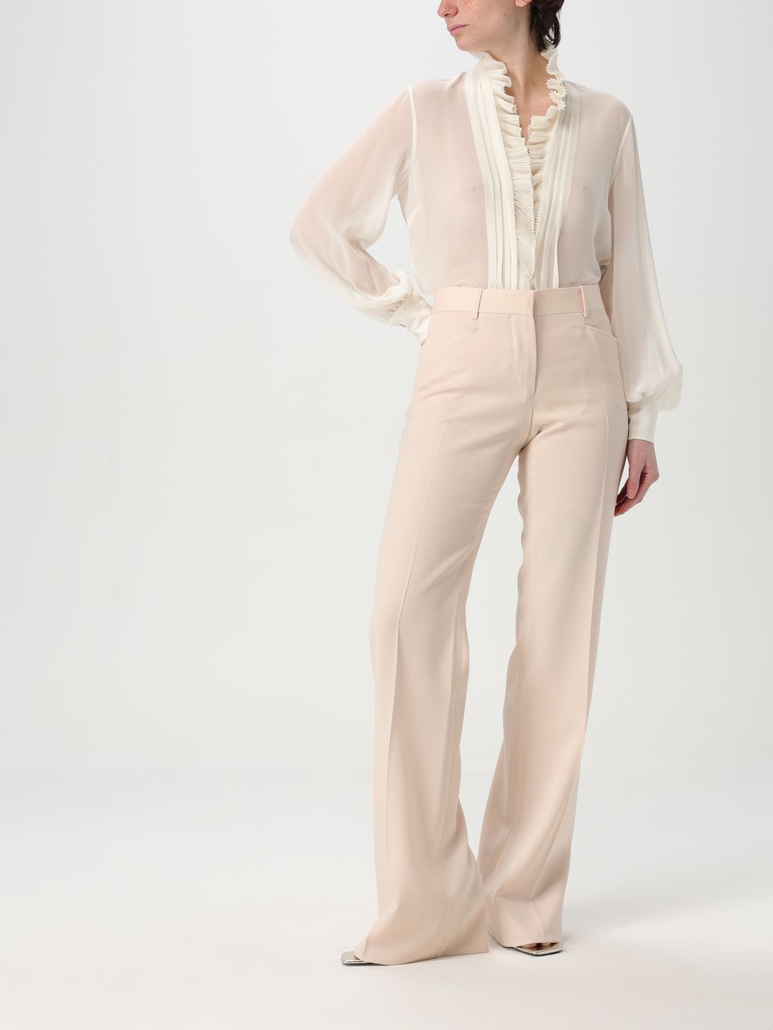 High Waist Wide Leg Pants In Virgin Wool Light Blush