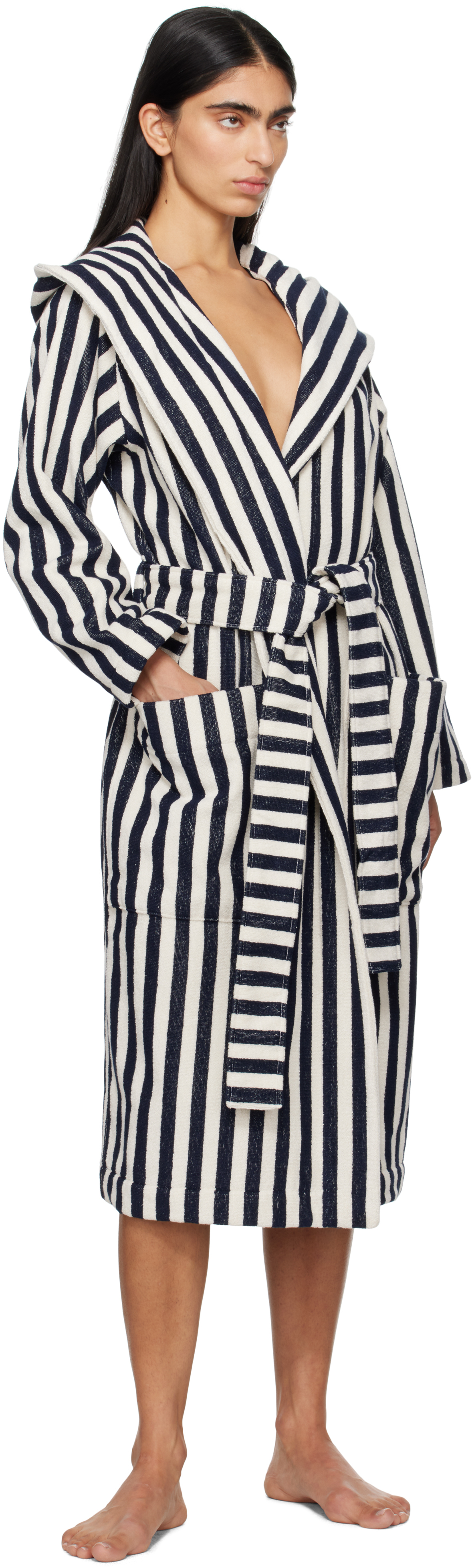Tekla Black & White Terry Hooded Bathrobe