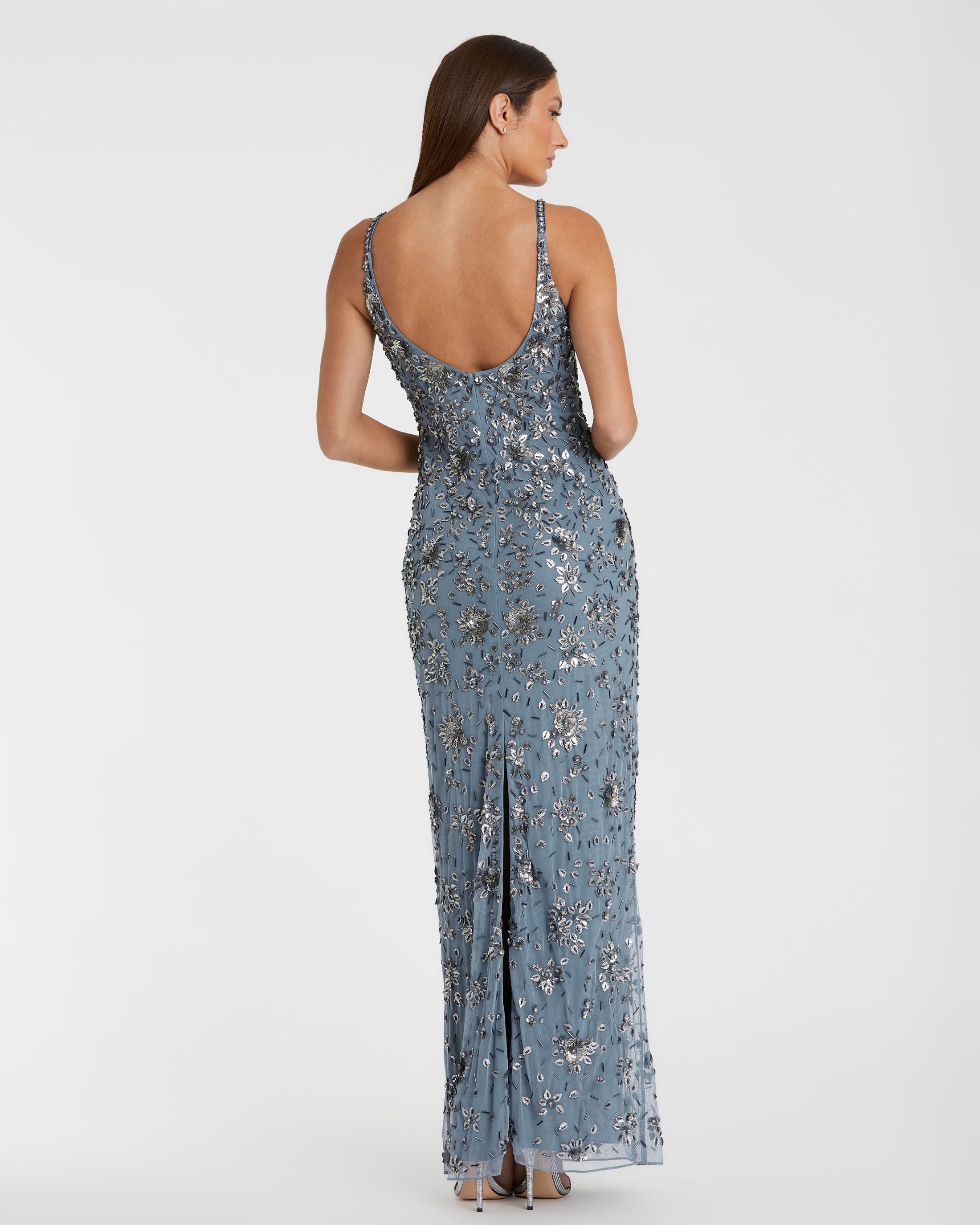 Blue Floral Embellished Scoop Neck Wedding Guest Evening Gown In Slate Grey