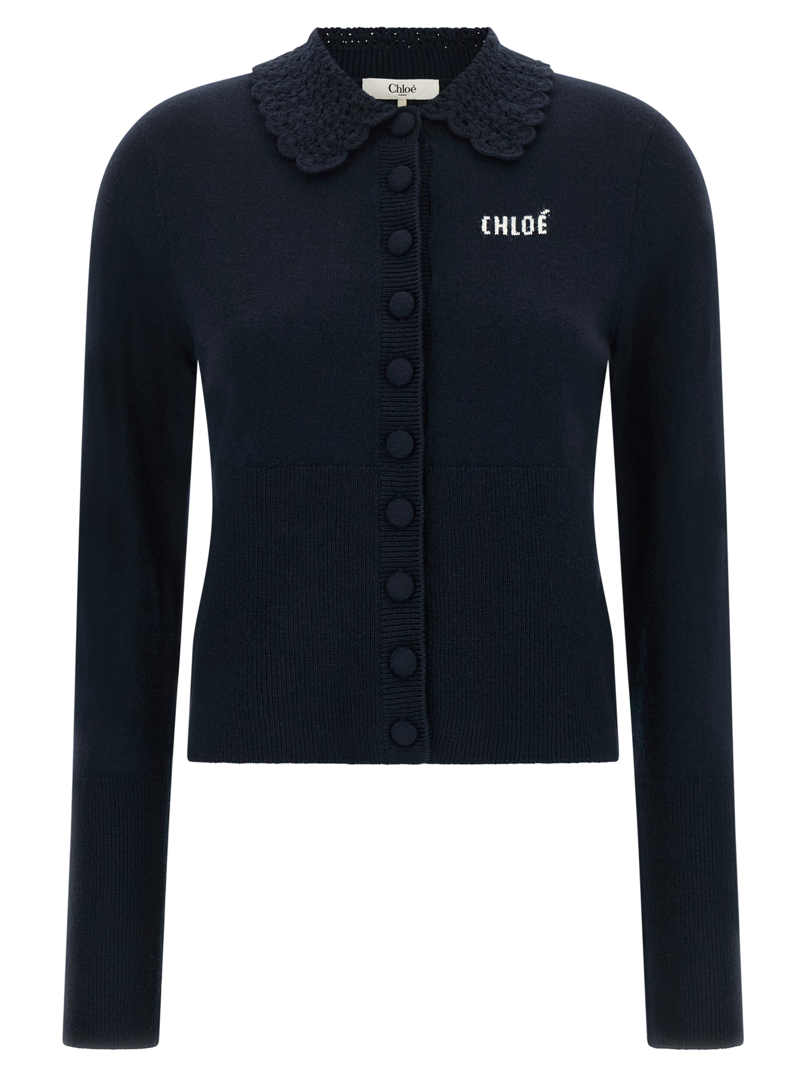 Crochet Collar Wool Cardigan — Navy