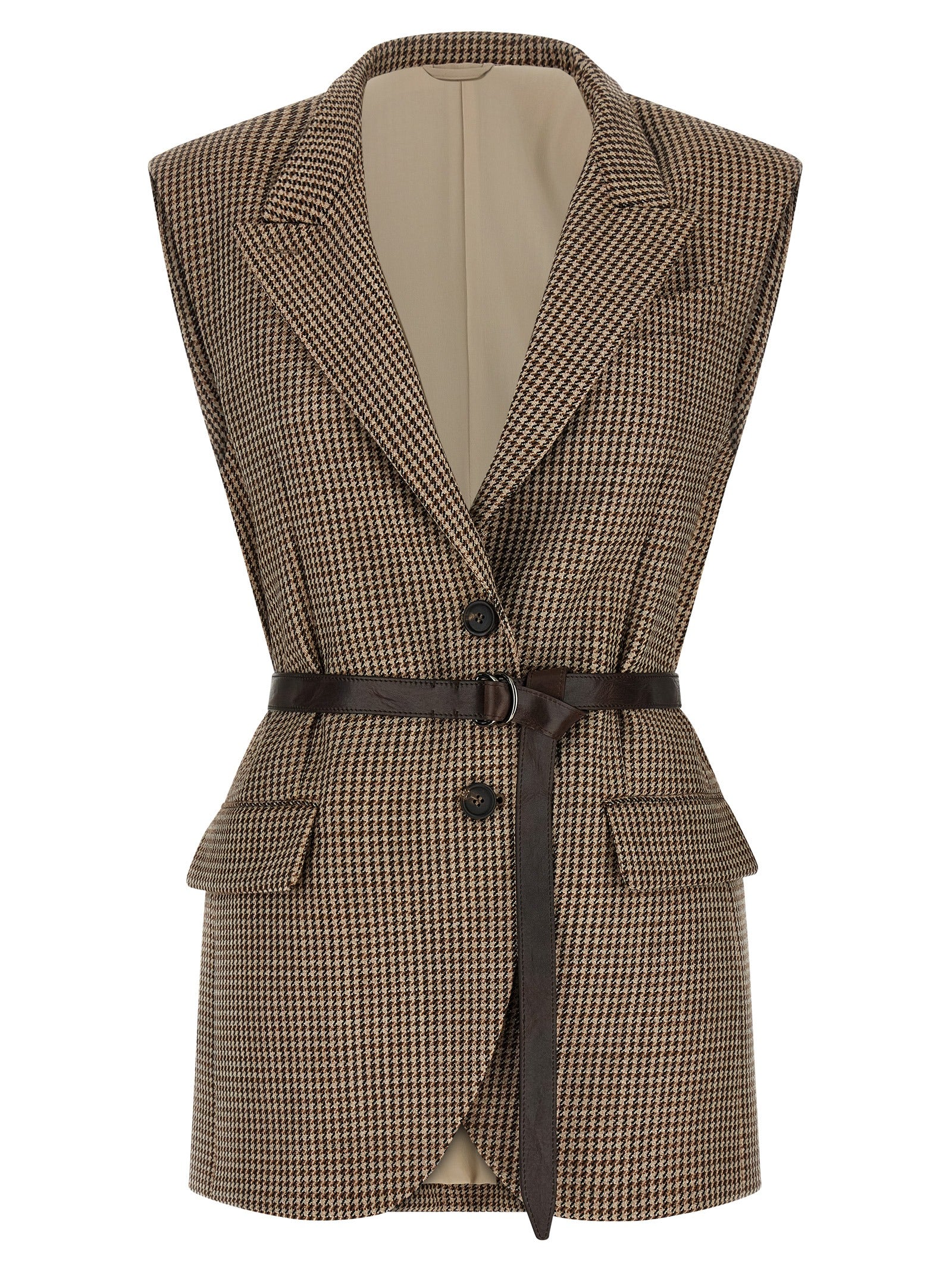 Virgin Wool Houndstooth Vest — Beige