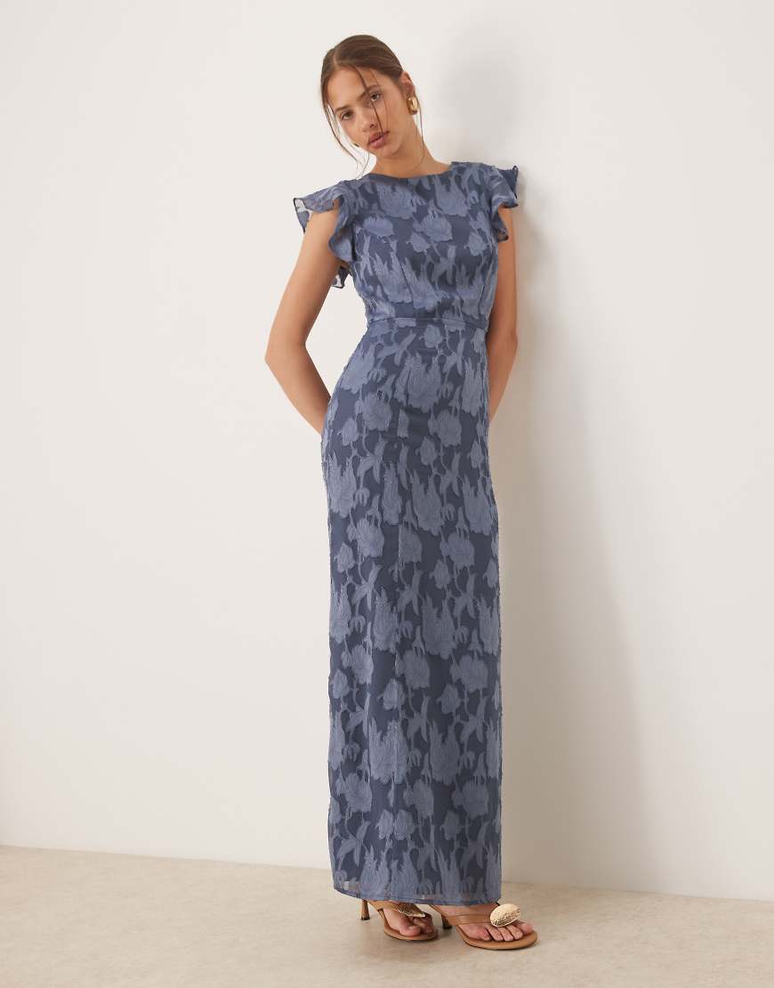 Floral flutter sleeve maxi dress in storm blue
