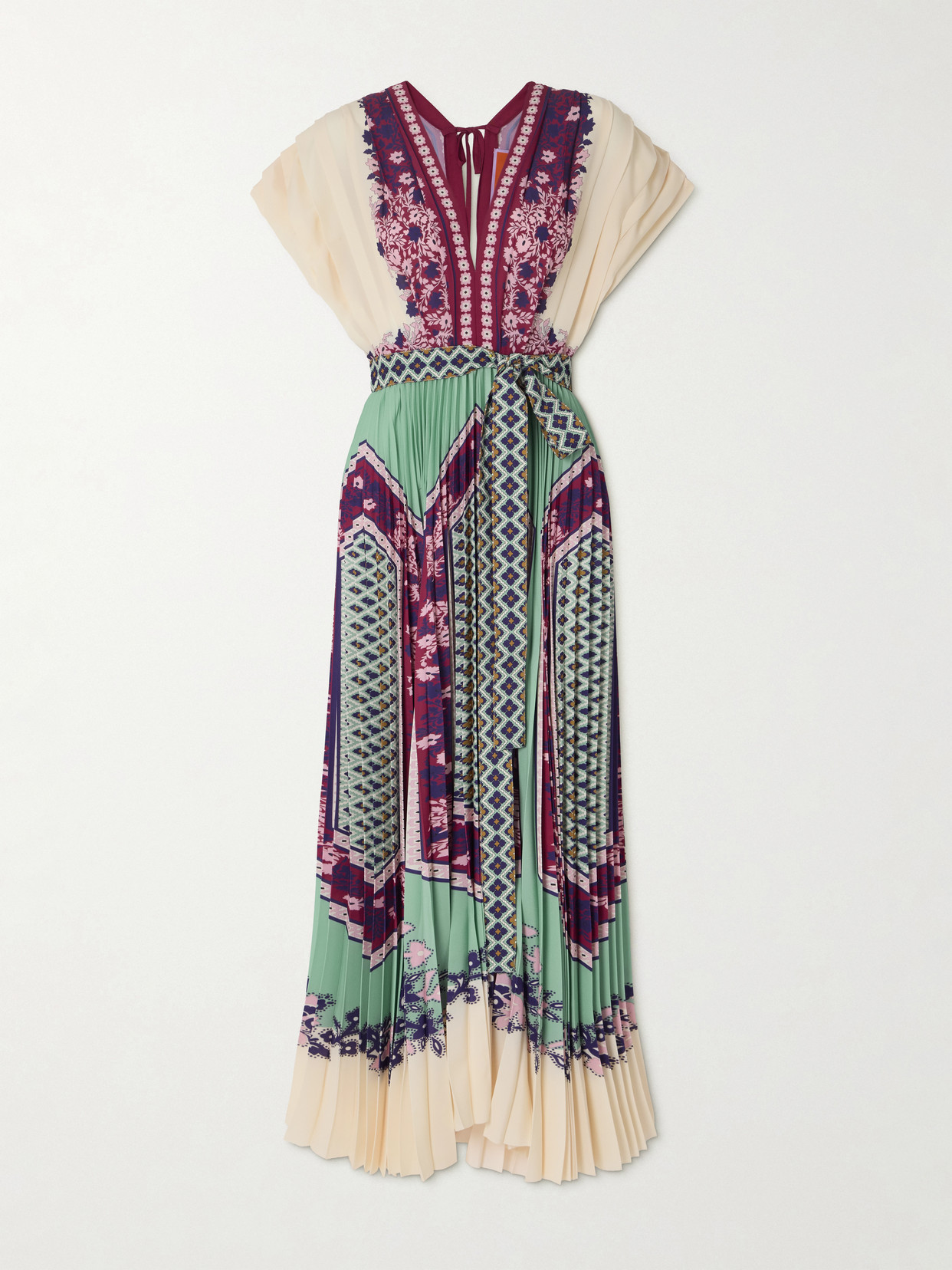 Belted Printed Pleated Crepe De Chine Maxi Dress - Multi