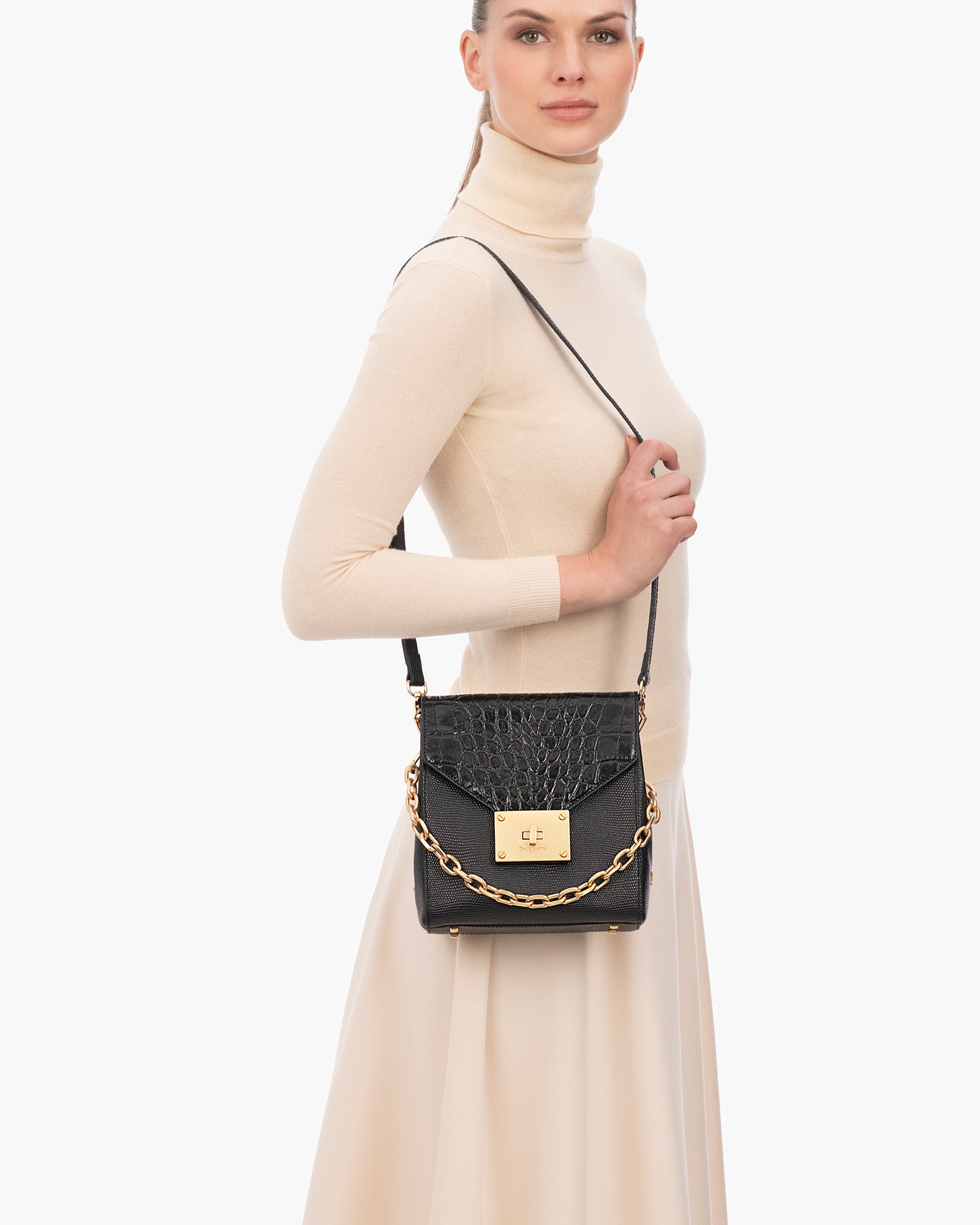 Livia Embossed Calf Leather Crossbody Bag for Women - Black, Detachable Chain Top Handle, Adjustable Strap