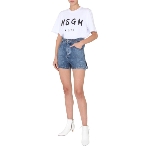 Paint-splatter print denim shorts