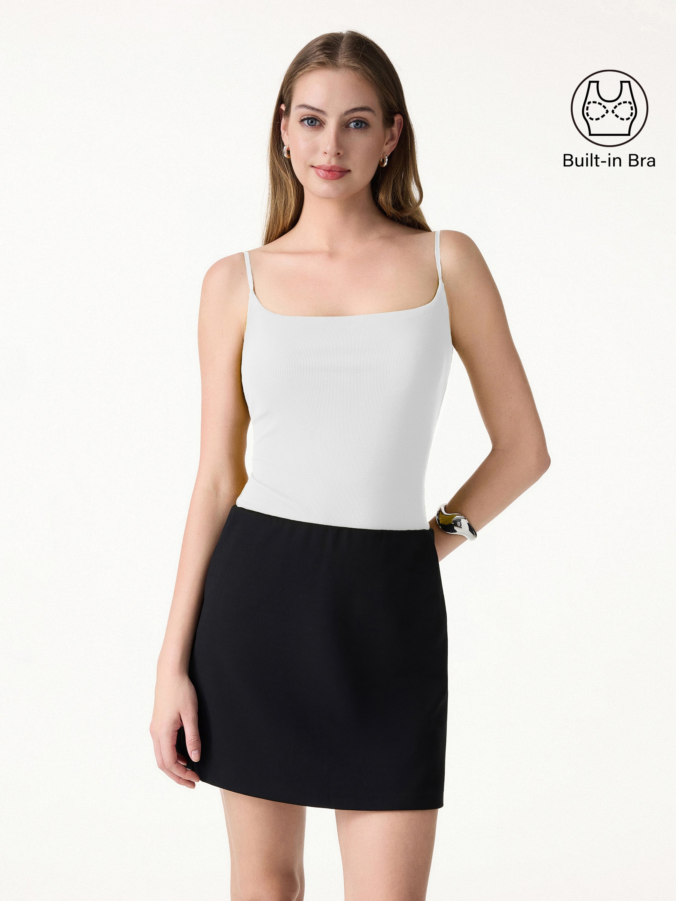 Sweat-Wicking Square Neck Stretchy Spaghetti Bra Tank - White