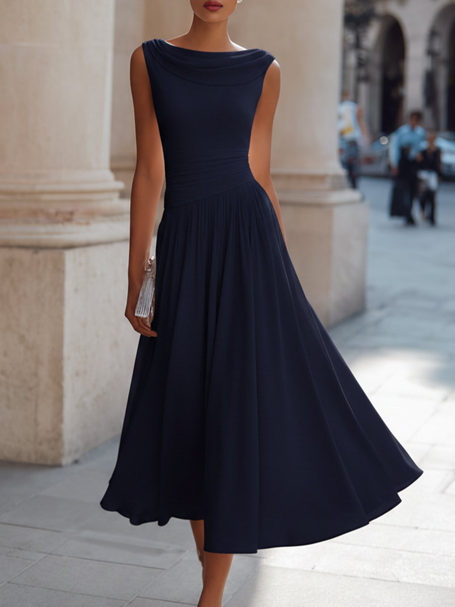 Draped Neck Sleeveless Pleated Midi Dress - Navy Blue