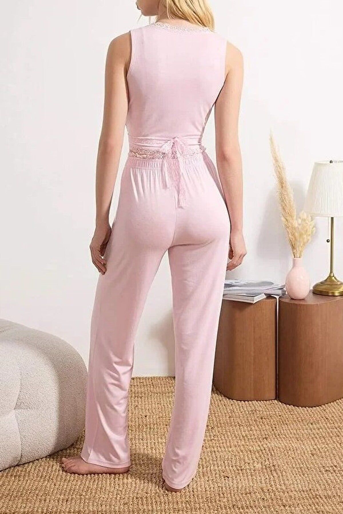 WOVCOR Women's Lace Trim Wrap Detail Soft Pyjama Set in Pink | : Large