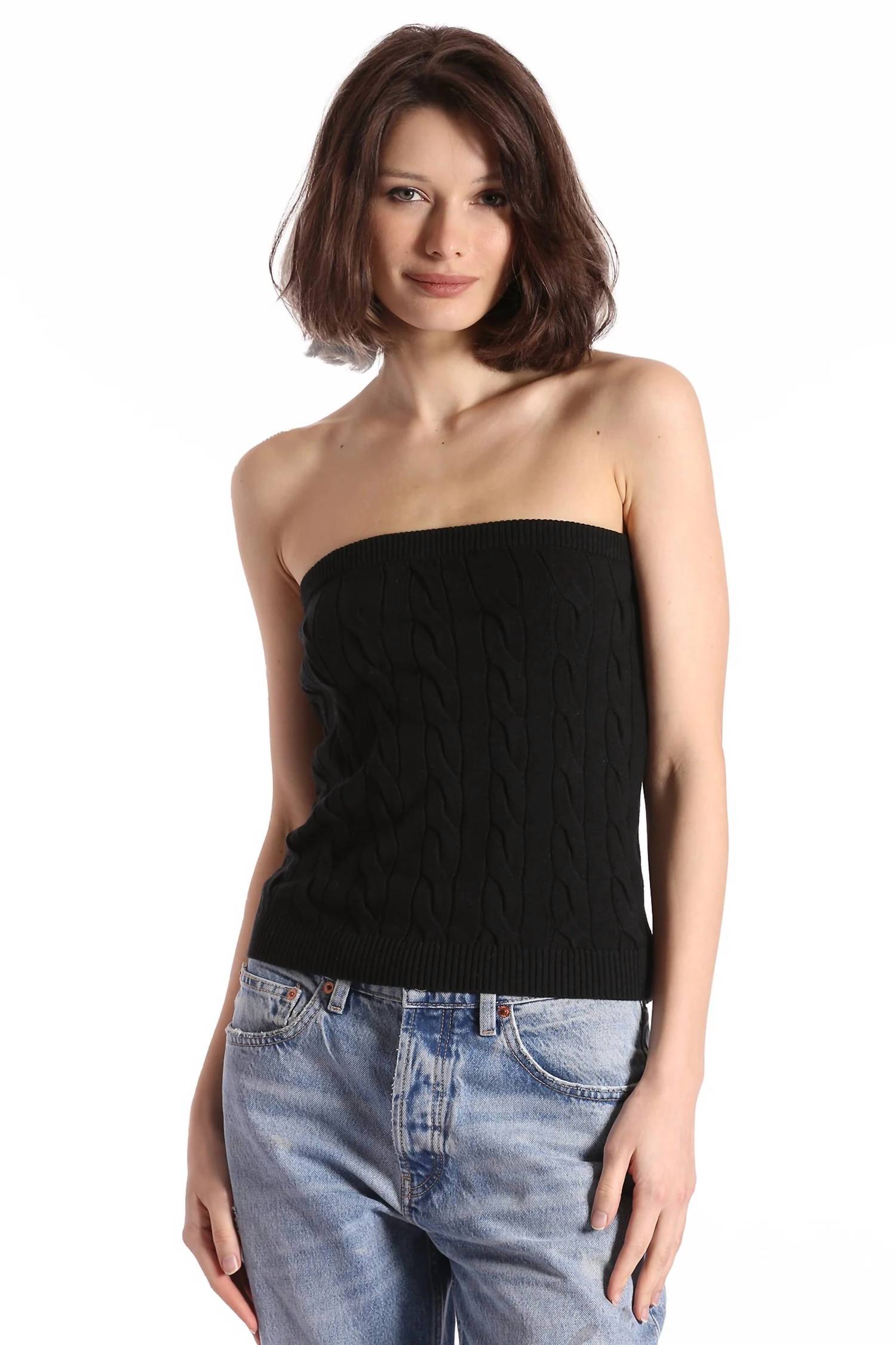 Cotton Cable Strapless Top In Black