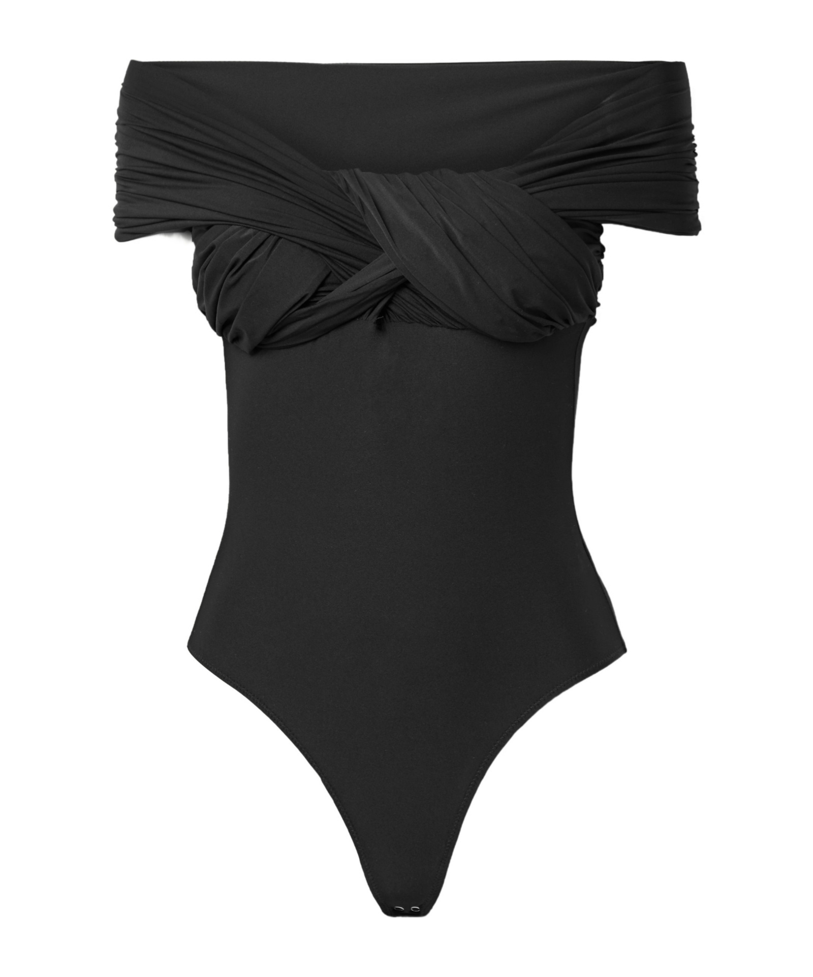 Off-the-shoulder twist-front ruched stretch-jersey thong bodysuit