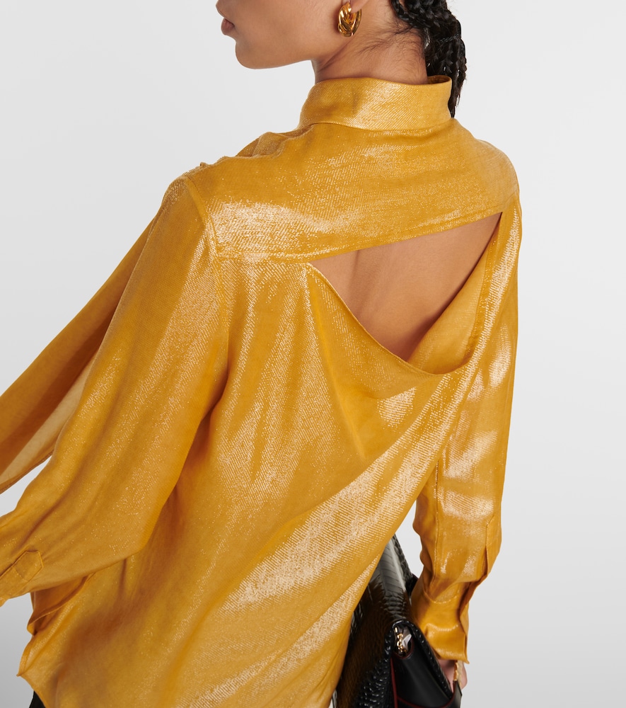 Draped tie-neck lamé blouse