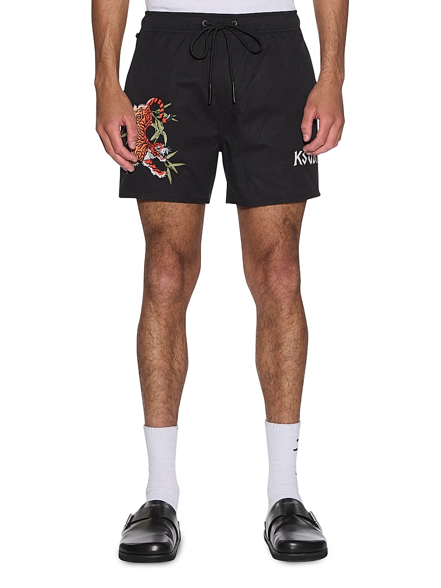 Men's Stay Up Embroidered Logo Cotton Fleece Shorts - Black