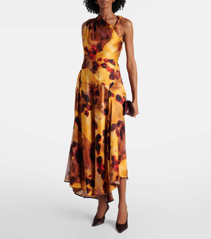 Gathered lace-trimmed silk satin gown