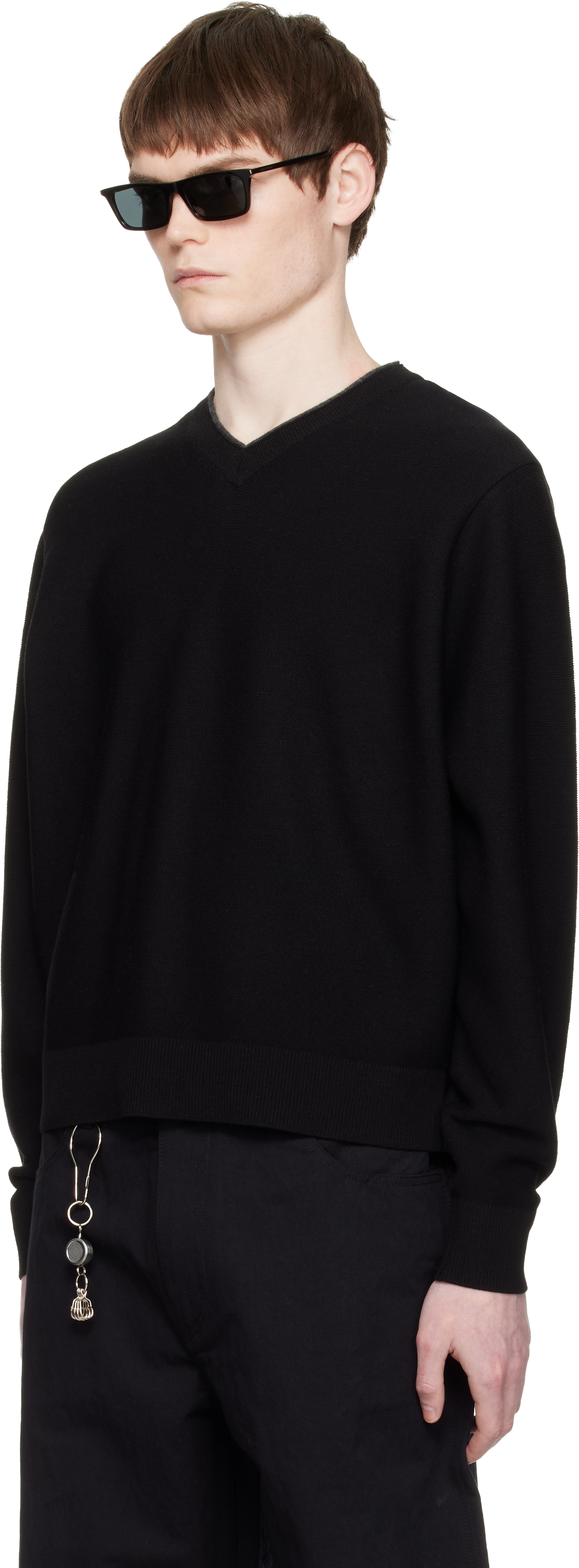Black V-Neck Merino Wool Layered Sweater