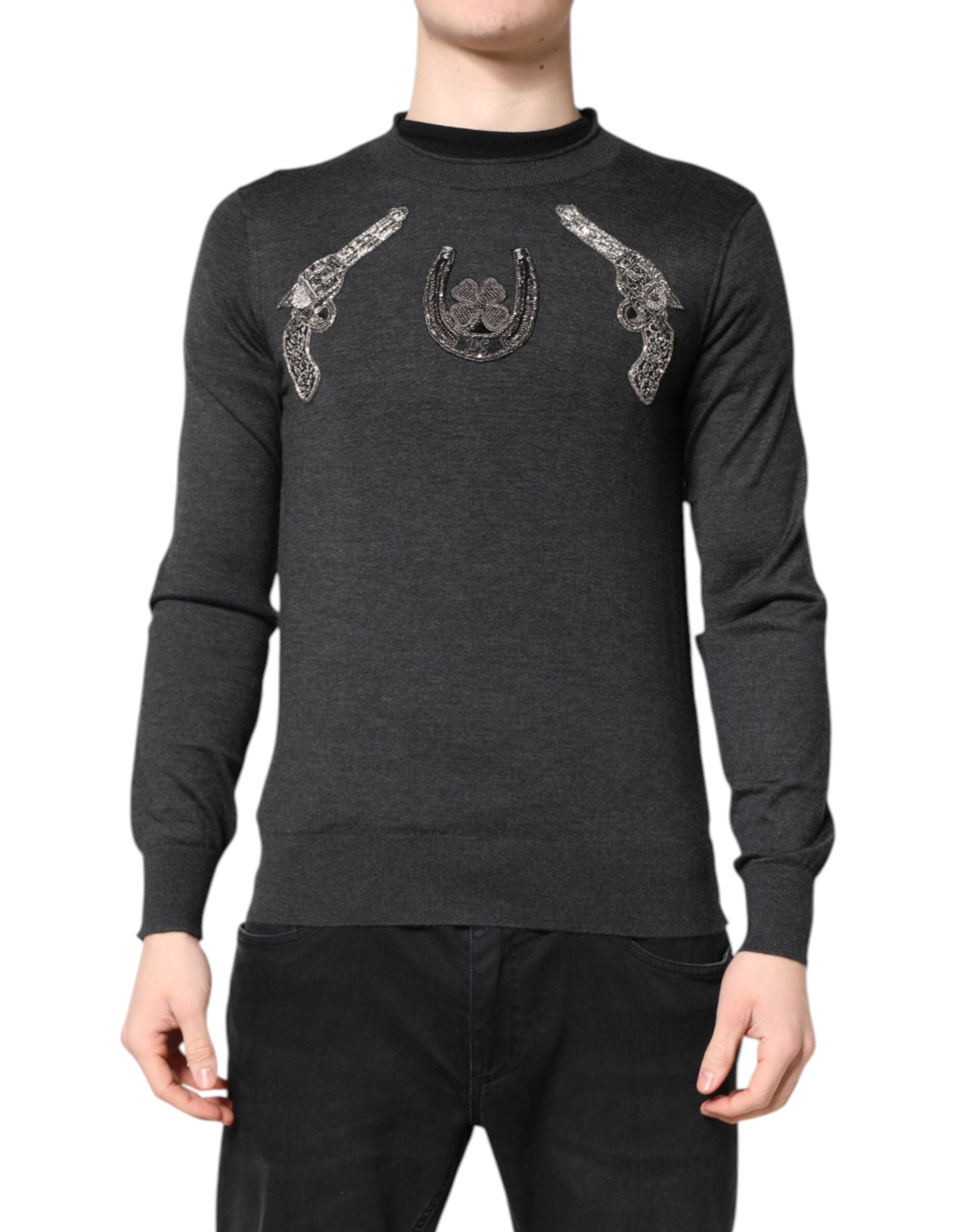 Embroidered Cashmere Crew Neck Sweater — Gray