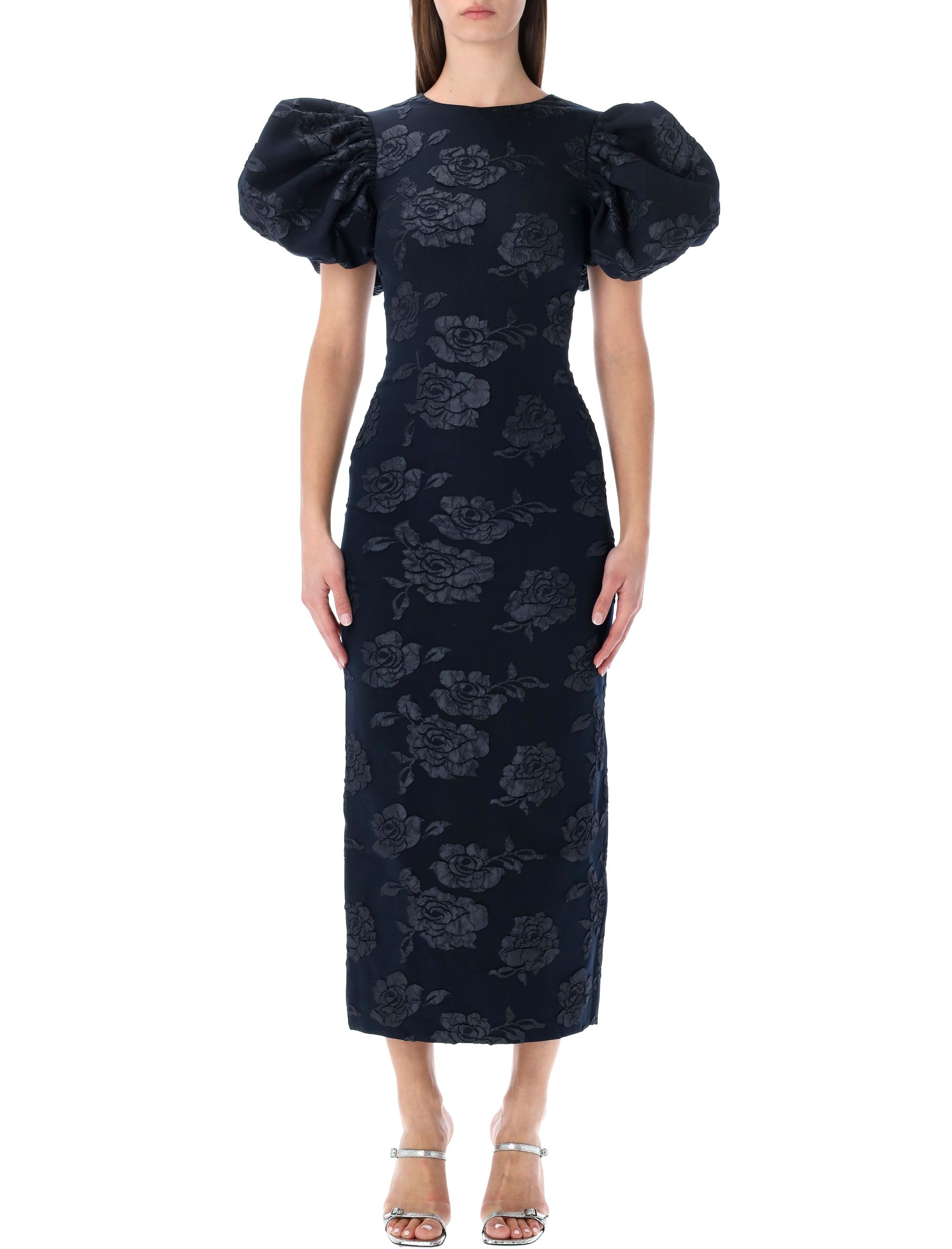 Puff-sleeve Jacquard Midi Dress