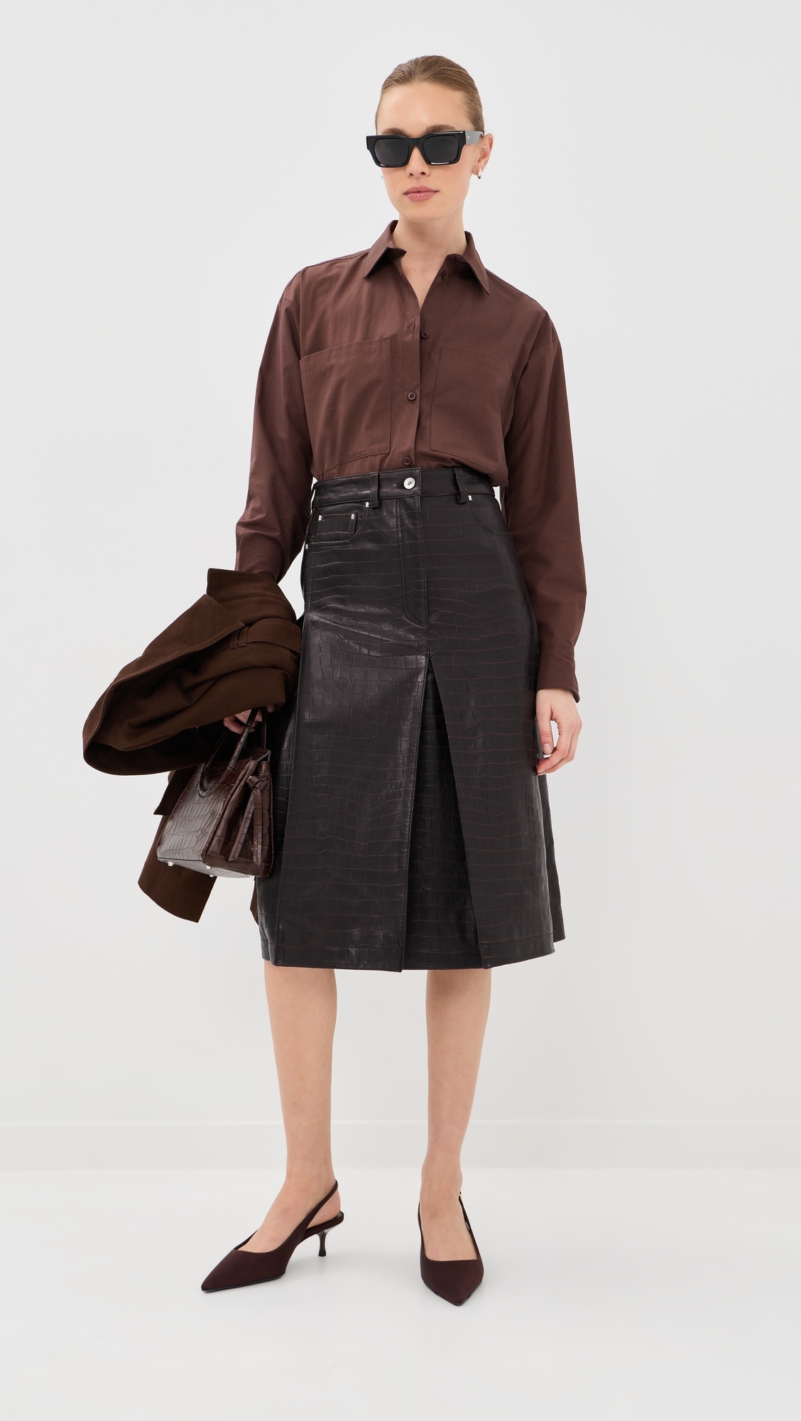 Lamb Leather Croc Embossed Skirt Dark Brown