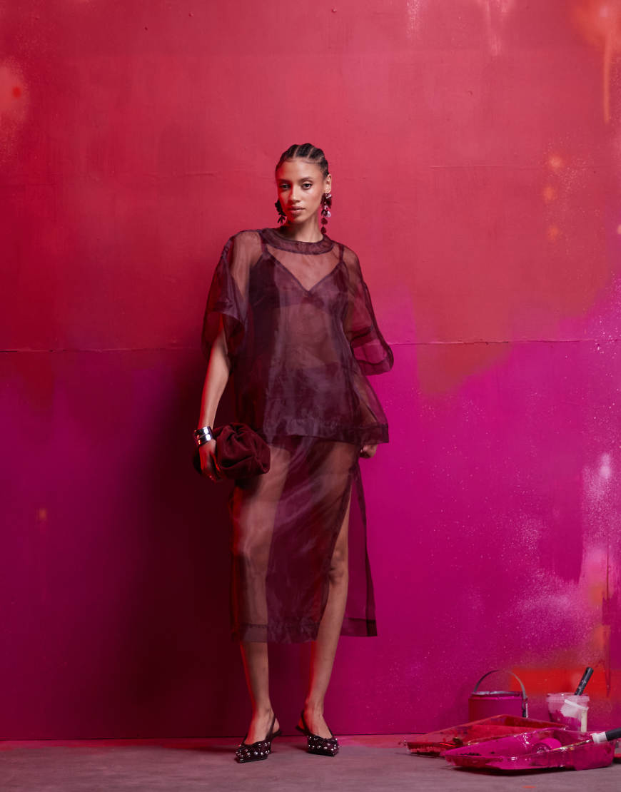 ASOS DESIGN organza boxy tee 2 in 1 dress with midi cami slip in burgundy-Red