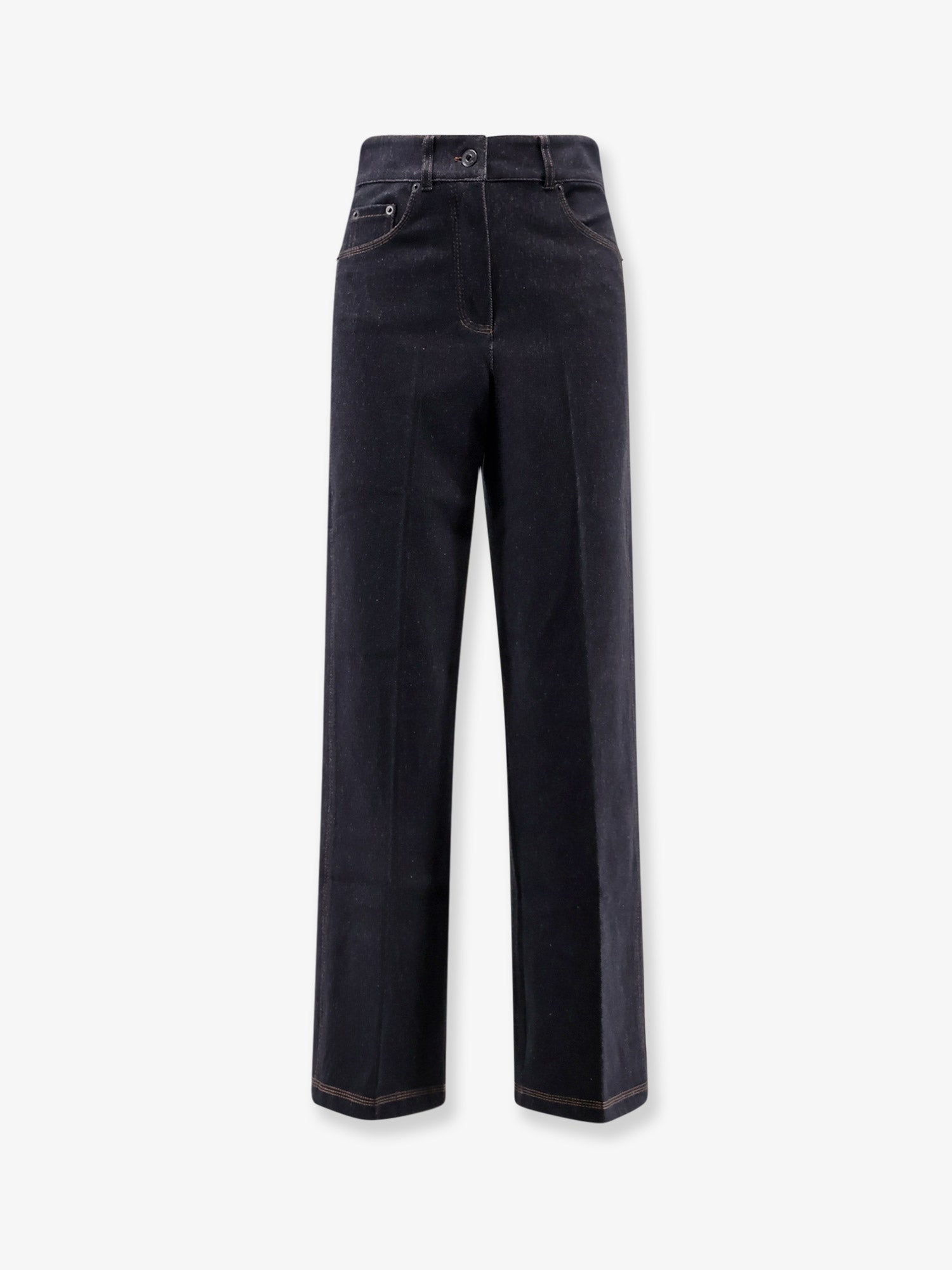 Cotton Blend Straight-Leg Trousers — Navy