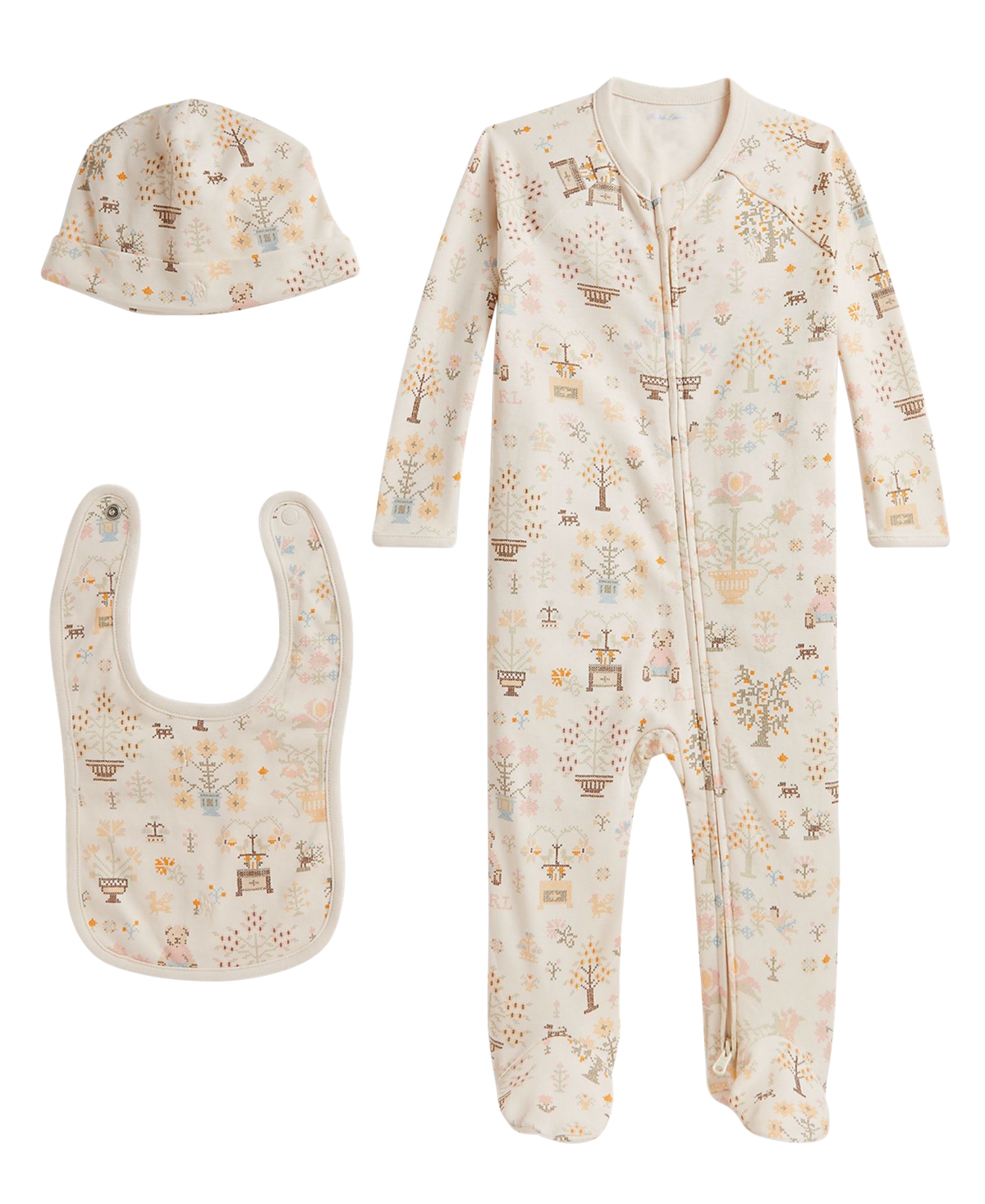 Baby Girls' Polo Bear Cotton Full-Sleeve One-Piece, Bib and Beanie Hat, 3-Piece Set - Petite Point Baby Bear