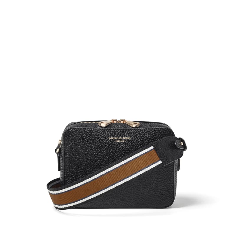 The Camera Crossbody Bag in Black Pebble with Webbing Strap