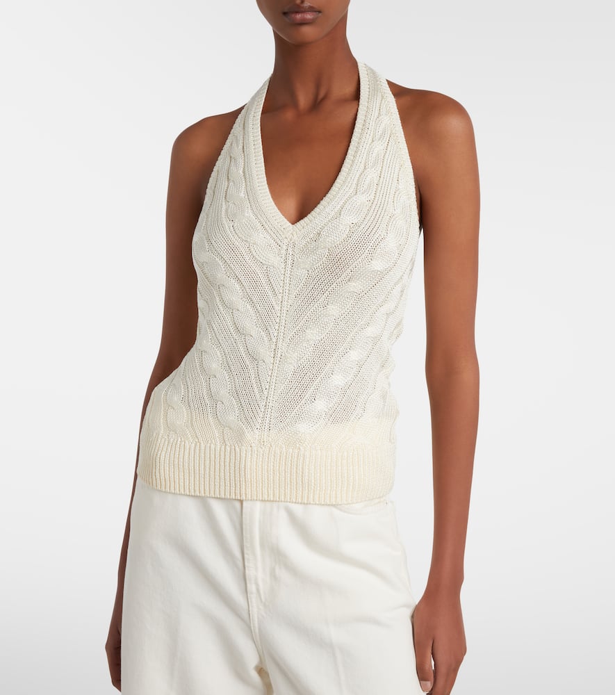 Cable-knit halterneck silk top