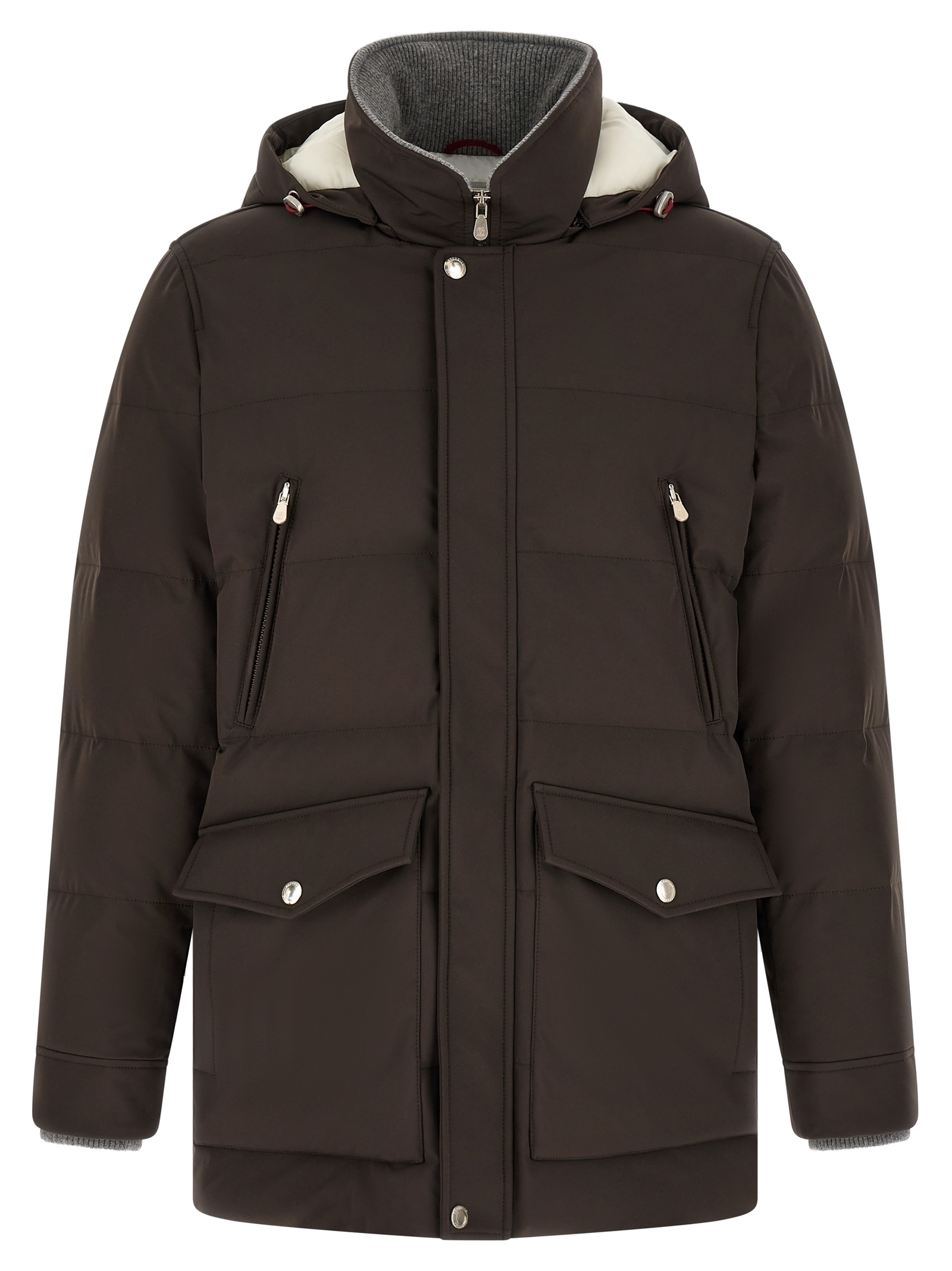 Goose Down Quilted Stretch Nylon Parka — Brown