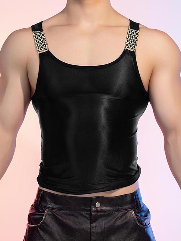 Mens Metal Buckle Patchwork Glossy Tank SKUK91686 - Black / S