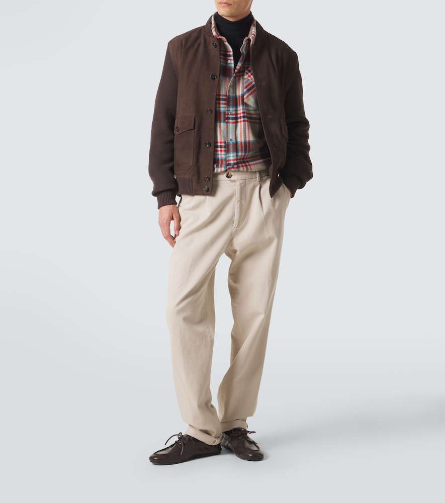 Cotton-trimmed suede bomber jacket