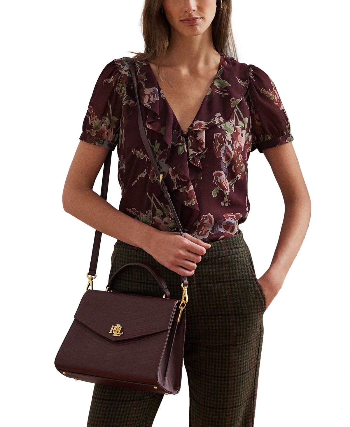 Lauren Ralph Lauren 여성 Embossed Leather Farrah Satchel - Red