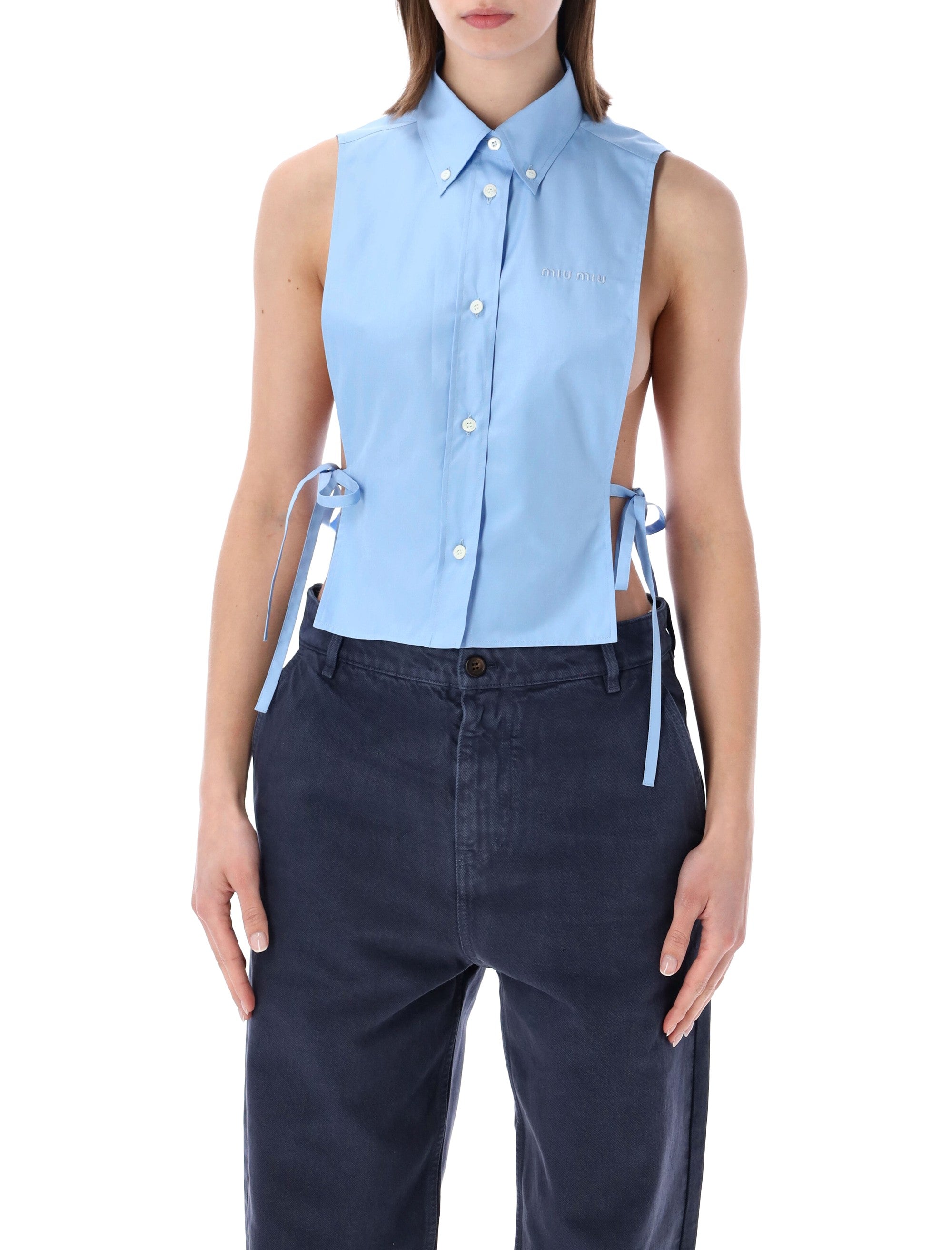 Sleeveless Poplin Shirt with Tie Detail - Straight Fit