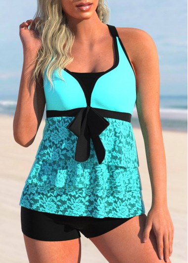 Modlily Lace Stitching Layered Hem Cyan Tankini Set