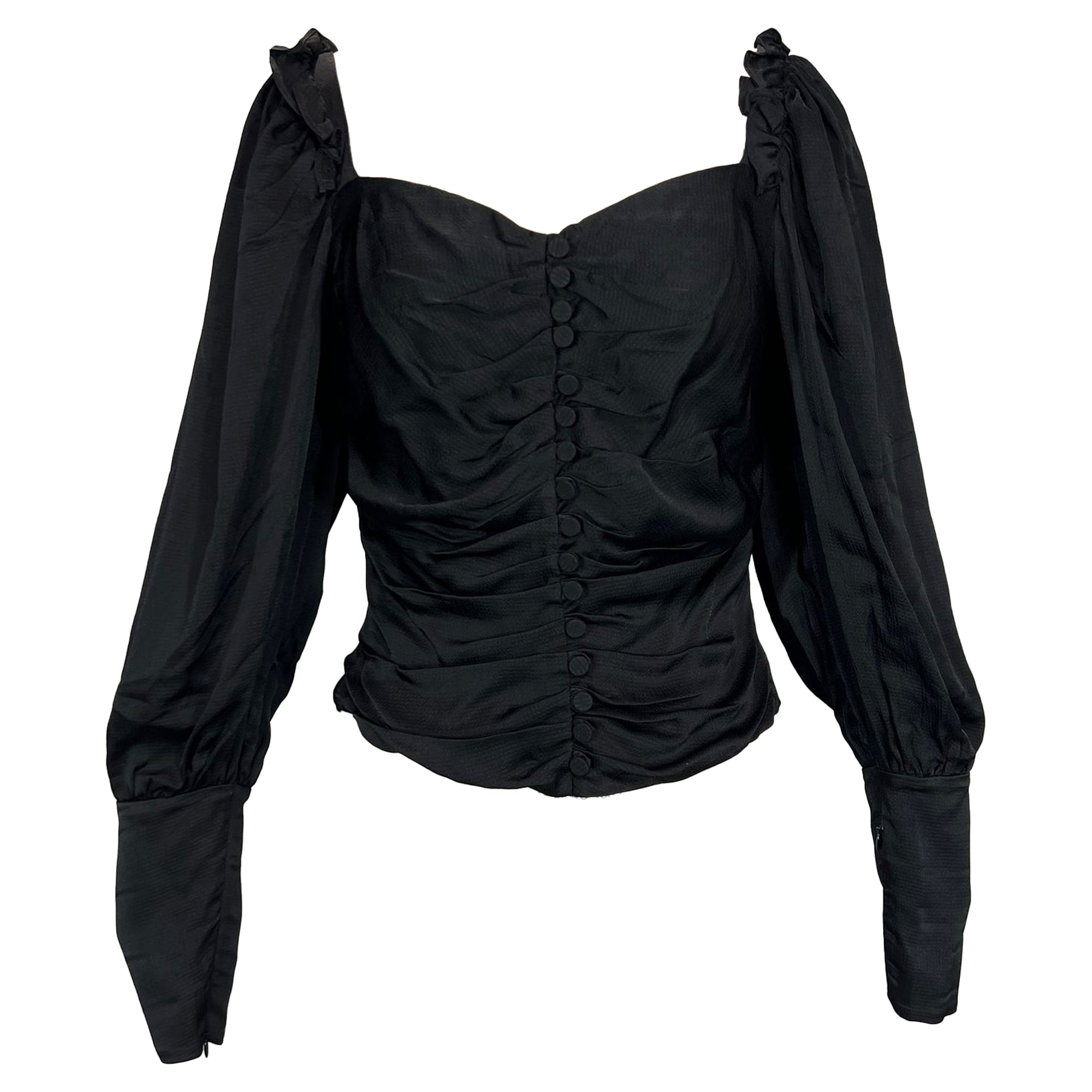 Square Neckline Long Sleeve Crop Top in Black Viscose