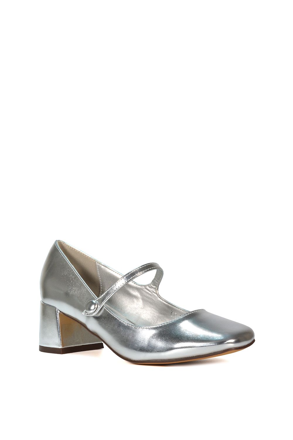 XY London Women's 'Leneka' Mary Jane Low Block Heel Court Shoes in Metallic Silver