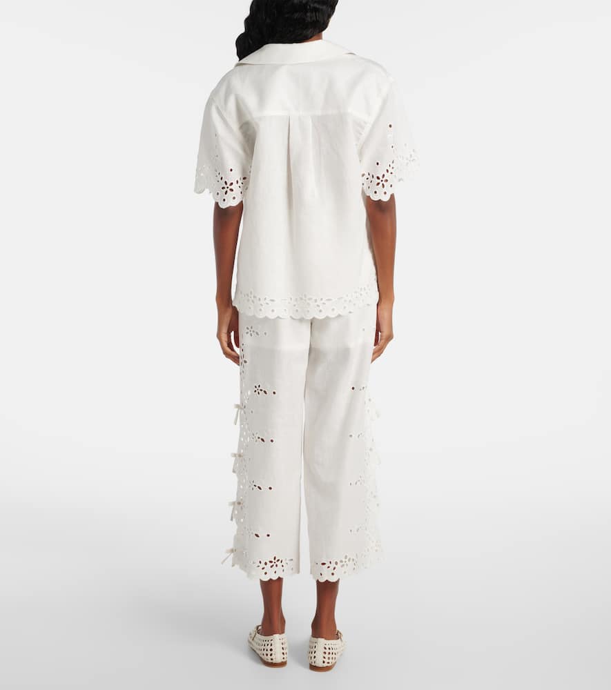 Self-Portrait Embroidered cutout linen and cotton top