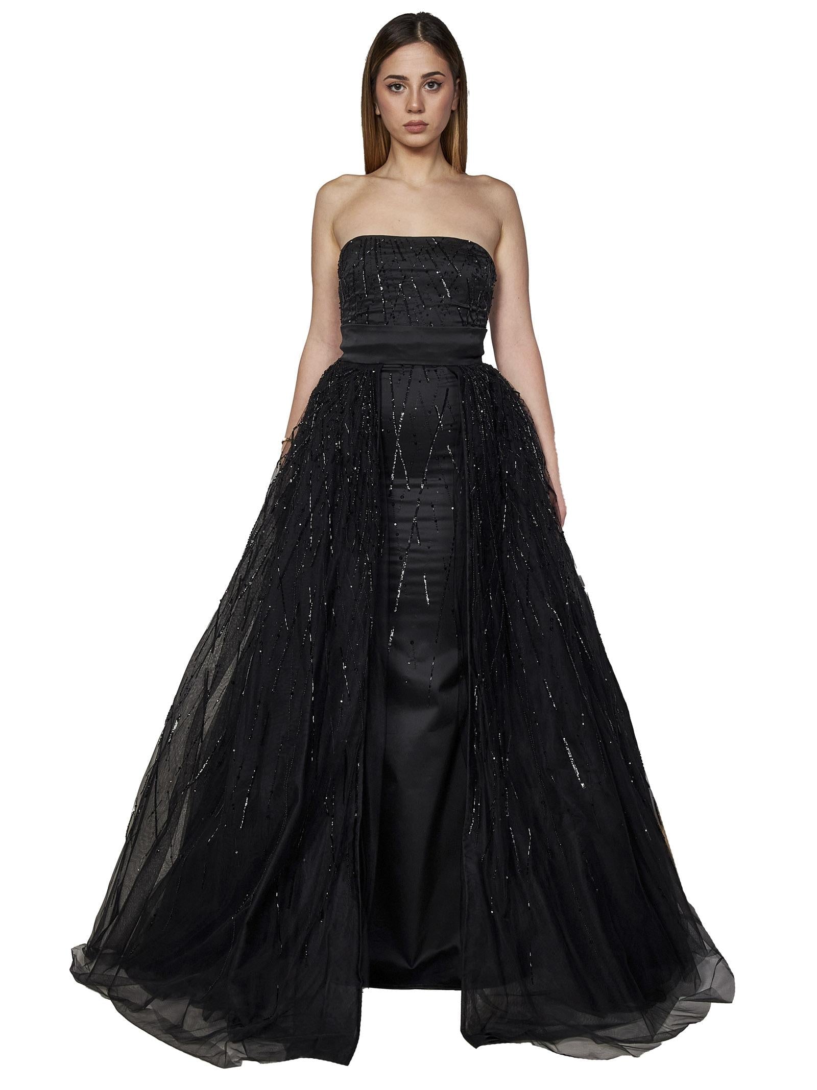 Beaded Tulle Overlay Dress — Black