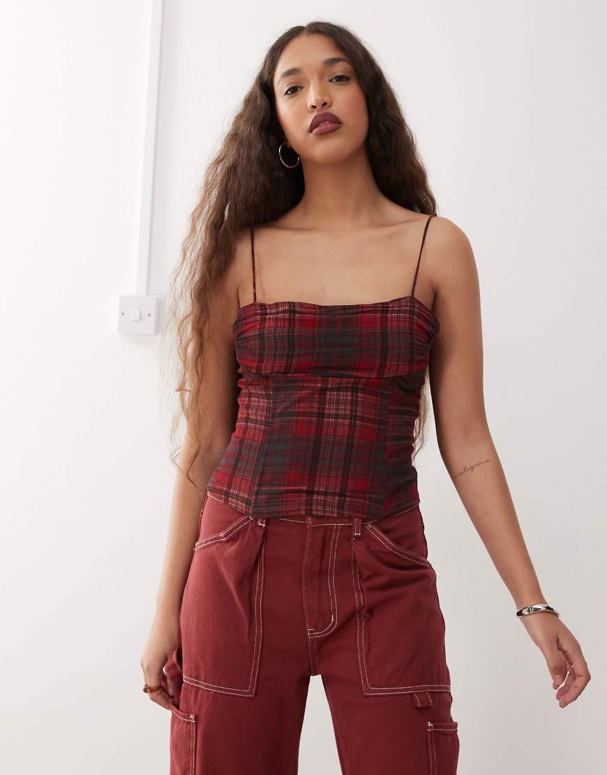 Lioness humphrey 90s square neck bow tie shoulders cami top in burgundy plaid - part of a set-Multi