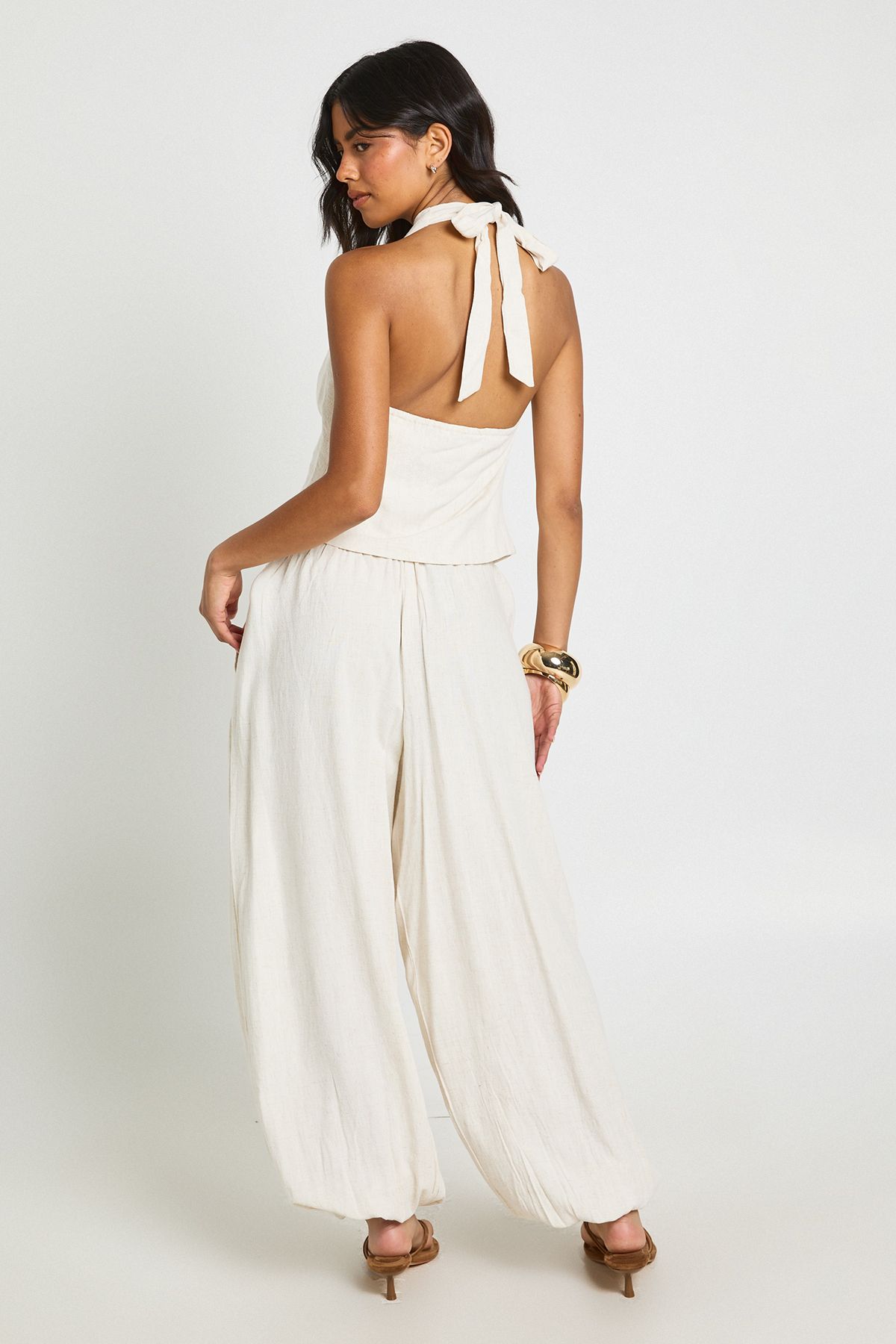 Boohoo Womens Linen Balloon Trousers - Beige
