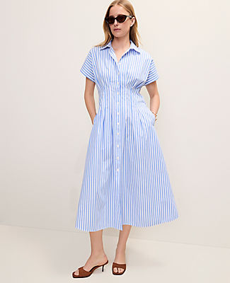 Ann Taylor Weekend Striped Pleated Midi Shirtdress