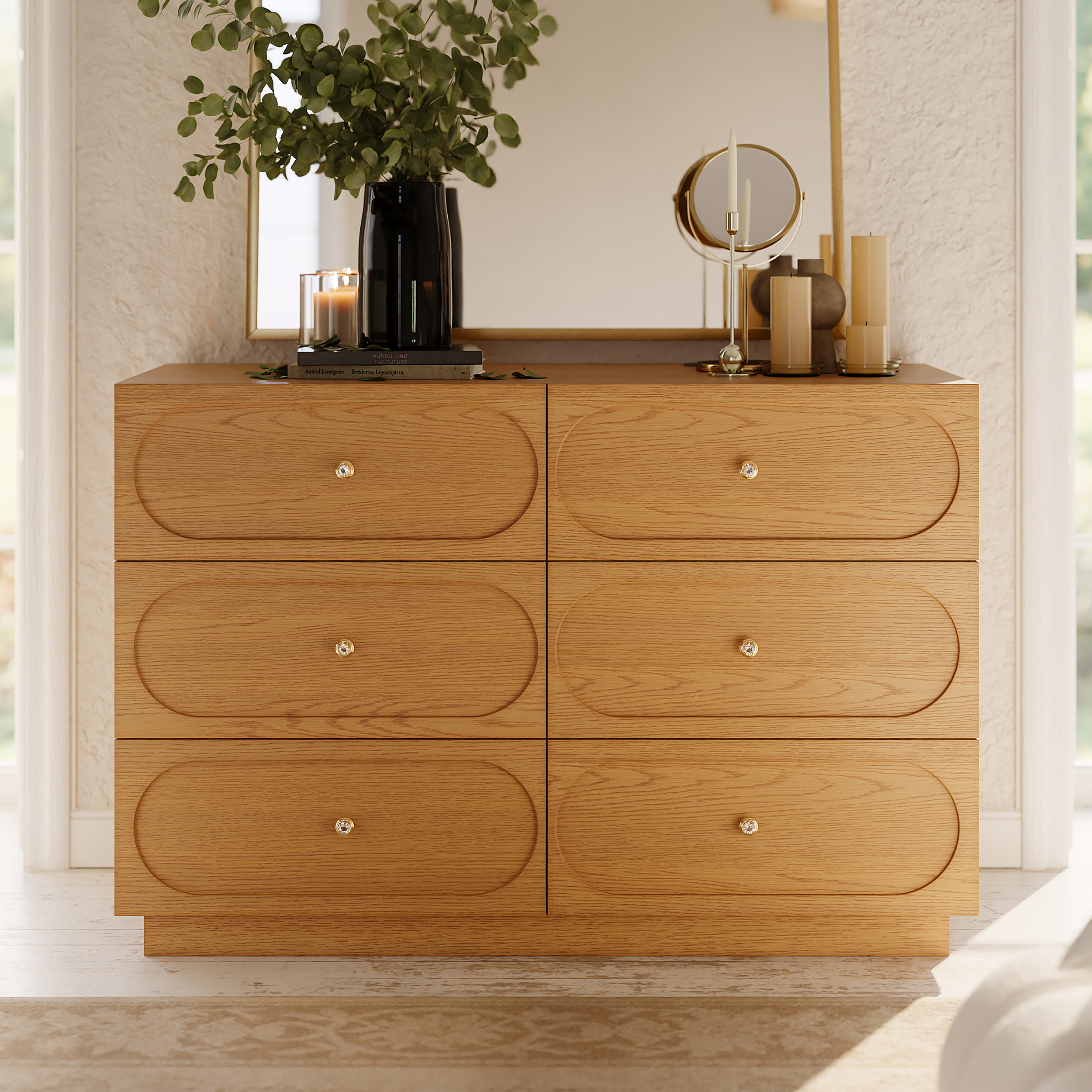 47" Modern Natural 6-Drawer Dresser with Charging Station