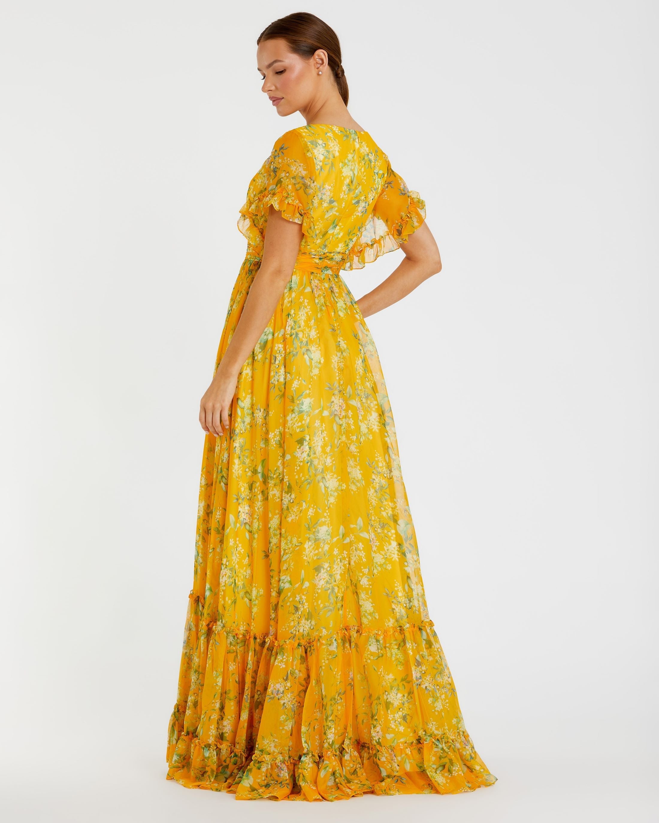 Yellow Multicolor Flounce Sleeve Floral Maxi Wedding Guest Dress In